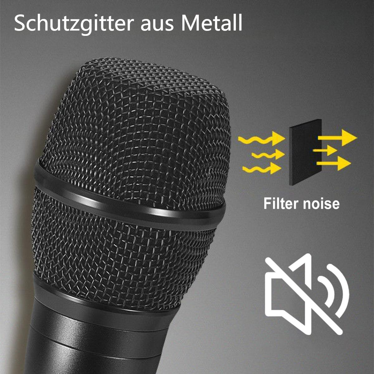 Mikrofon mit metallischer Netzabdeckung. Filtergeräuschtext und Pfeile sind vorhanden, mit einem No-Sound-Symbol.