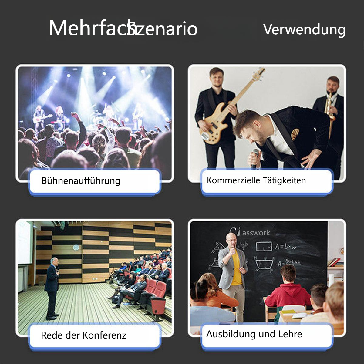 Vier Szenarien: Bühnenaufführung, kommerzielle Aktivitäten, Konferenzrede und Bildung. Menschen sind sichtbar.