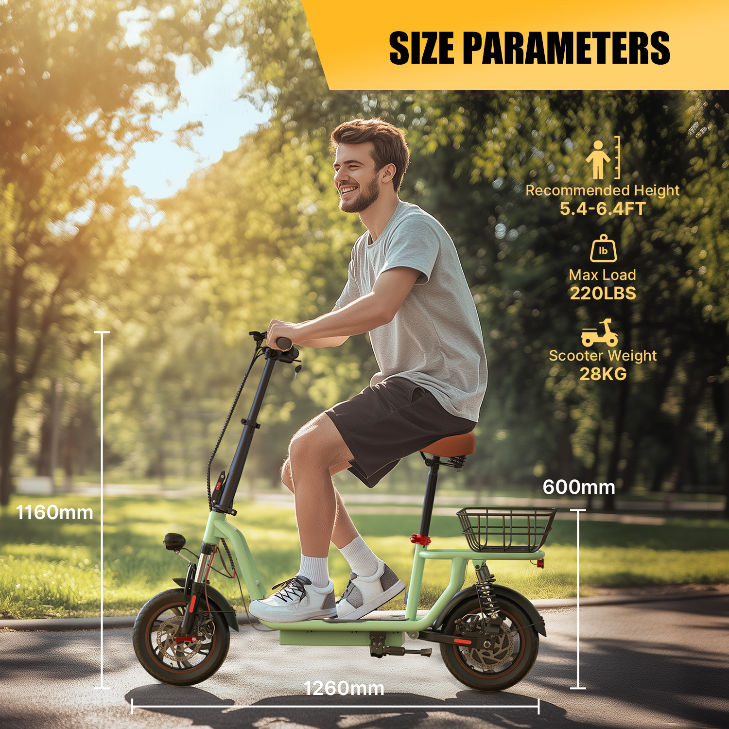 Uomo che guida uno scooter verde con parametri di dimensioni: altezza, carico e peso dello scooter.