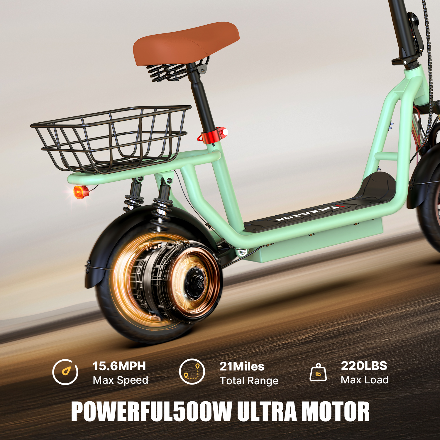 Scooter elettrico menta con sella marrone, cestino nero e informazioni sulla velocità.