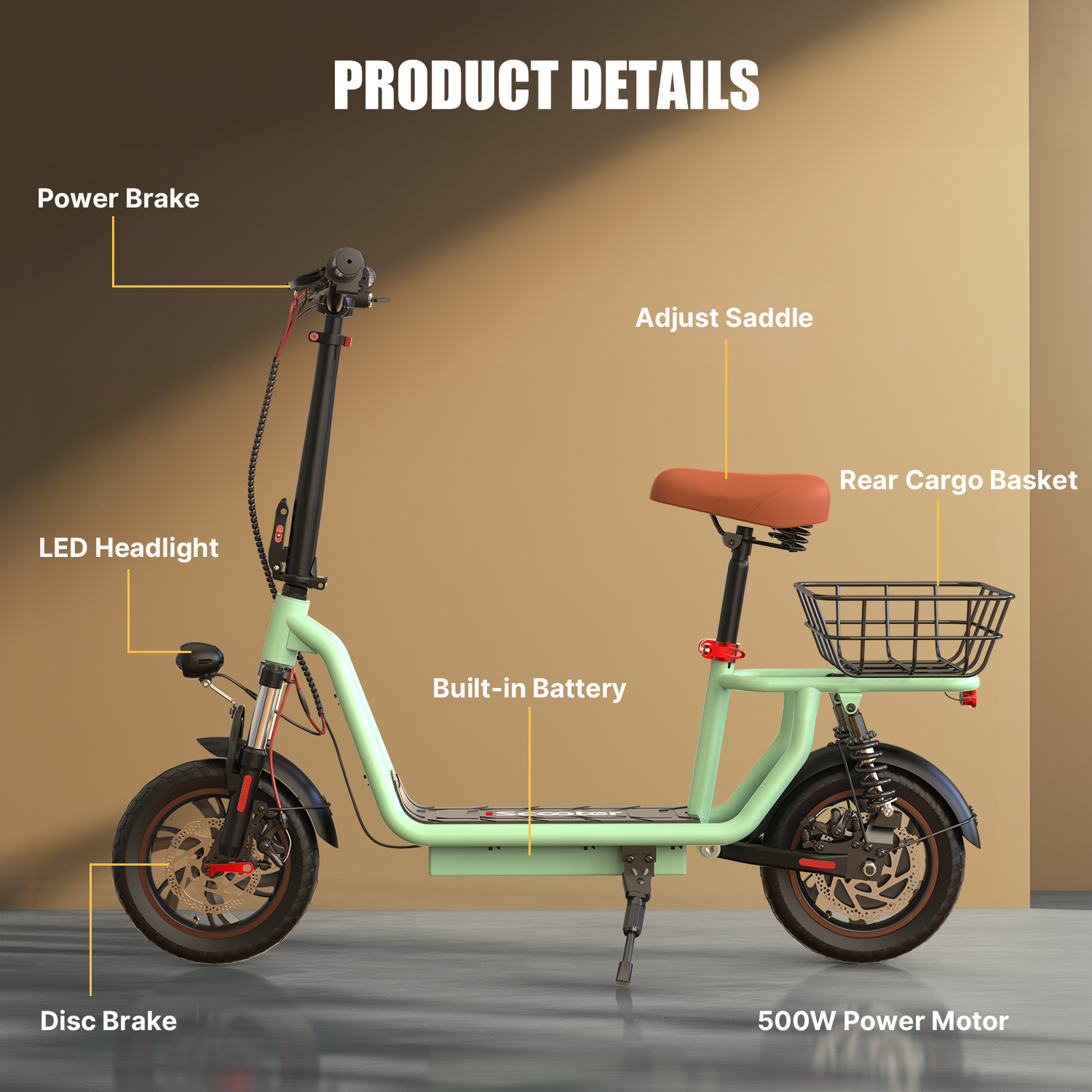Scooter elettrico verde menta con dettagli, etichettato su sfondo marrone chiaro.