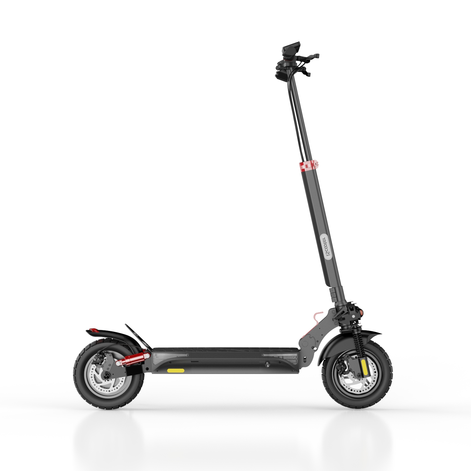 Scooter elettrico nero e grigio con accenti rossi, visto lateralmente su sfondo bianco.