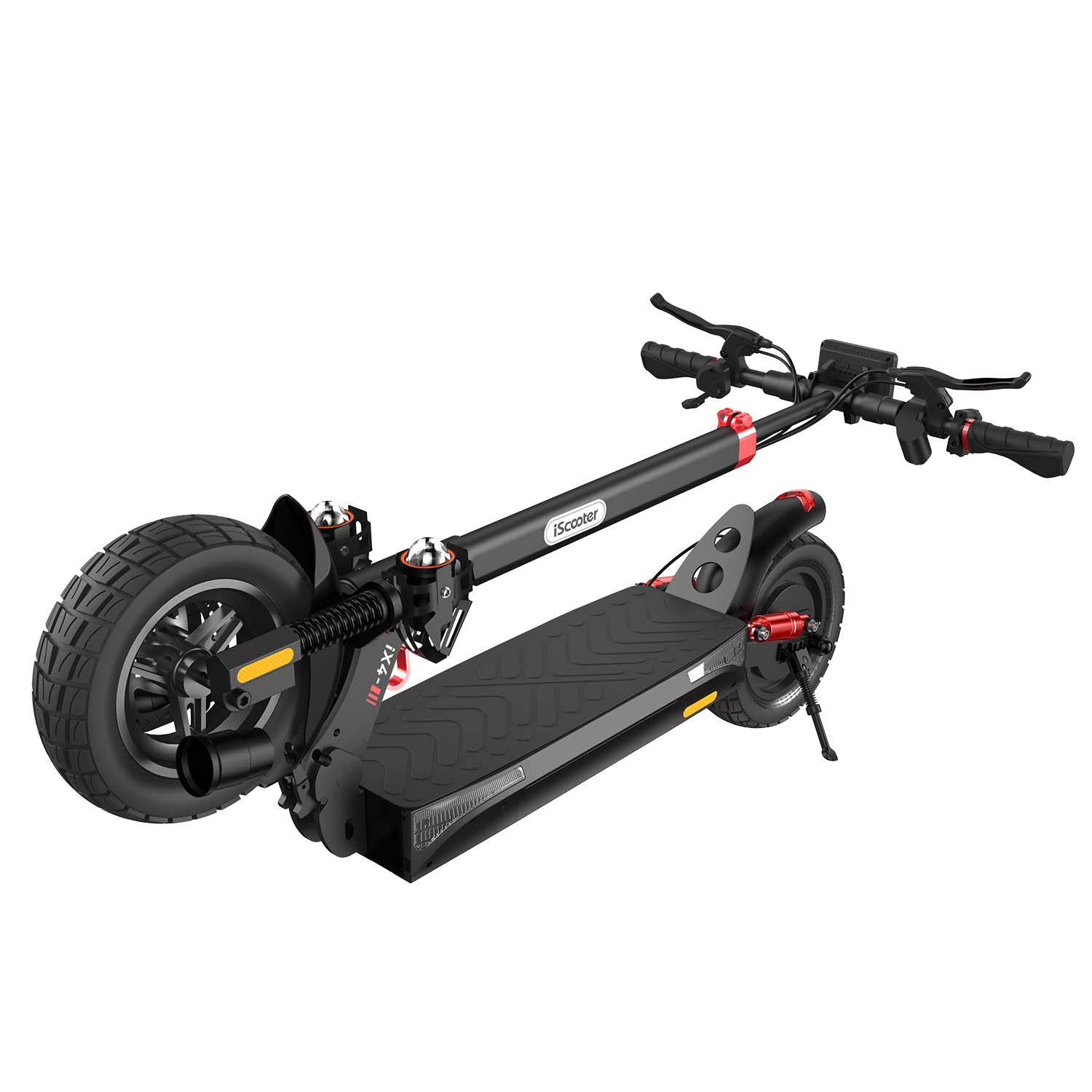 Un monopattino elettrico, nero e rosso, con due ruote. Lo scooter è su sfondo bianco.