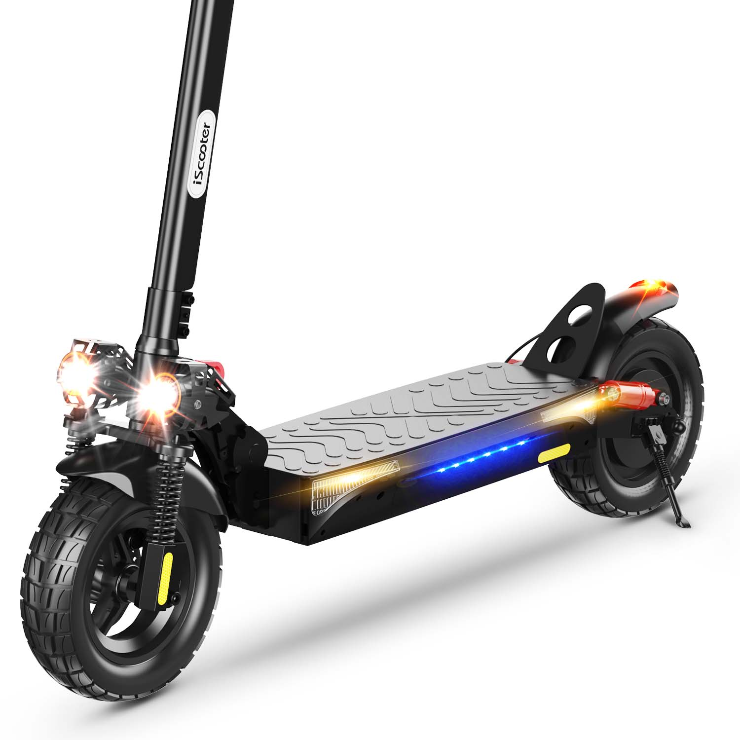Un monopattino elettrico nero con luci e ammortizzatore anteriore, parcheggiato su una superficie bianca.