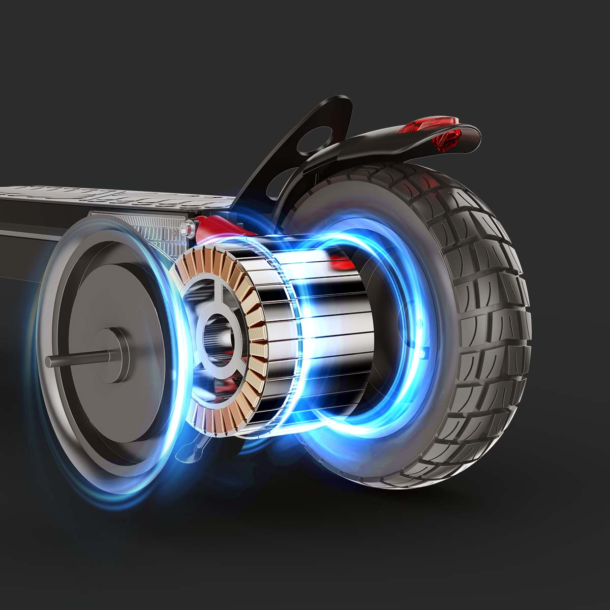 Il motore di un monopattino elettrico, evidenziando la ruota, il motore e l'effetto energetico blu circostante.