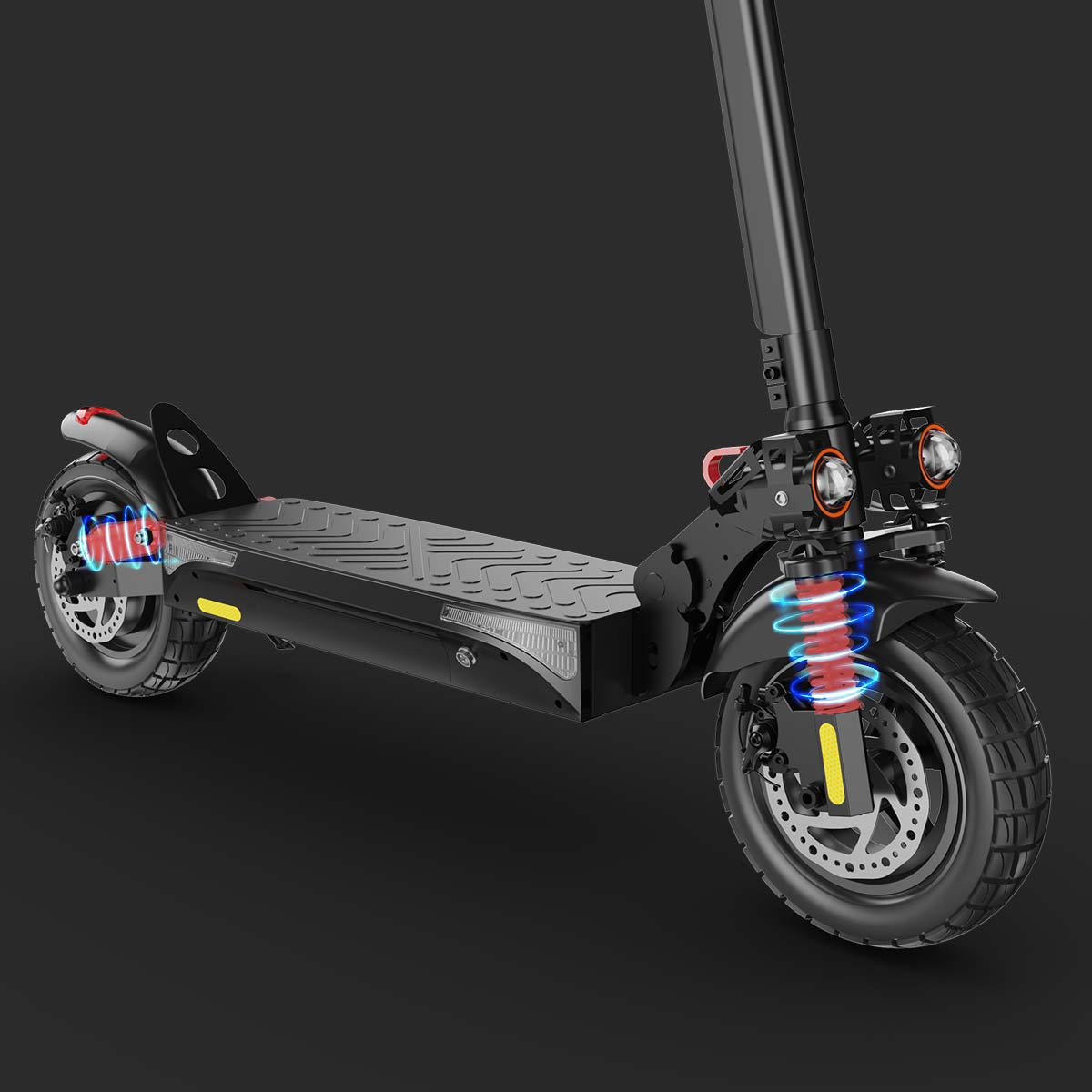 Scooter elettrico nero con sospensioni anteriori e posteriori, su sfondo scuro.