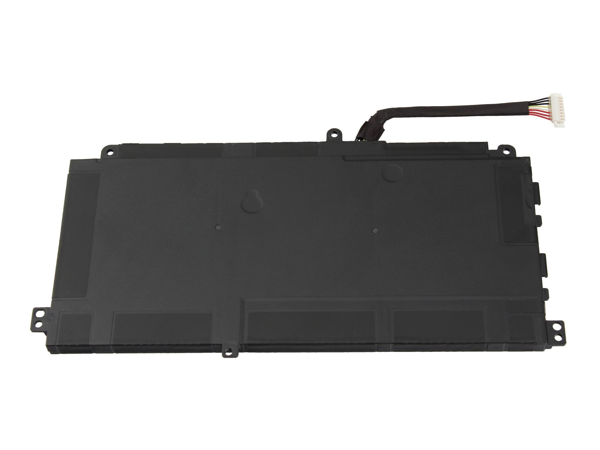 Ein schwarzes Batteriepack mit Kabel und weißem Stecker. Das Pack hat eine rechteckige Form und schwarze Aufkleber.