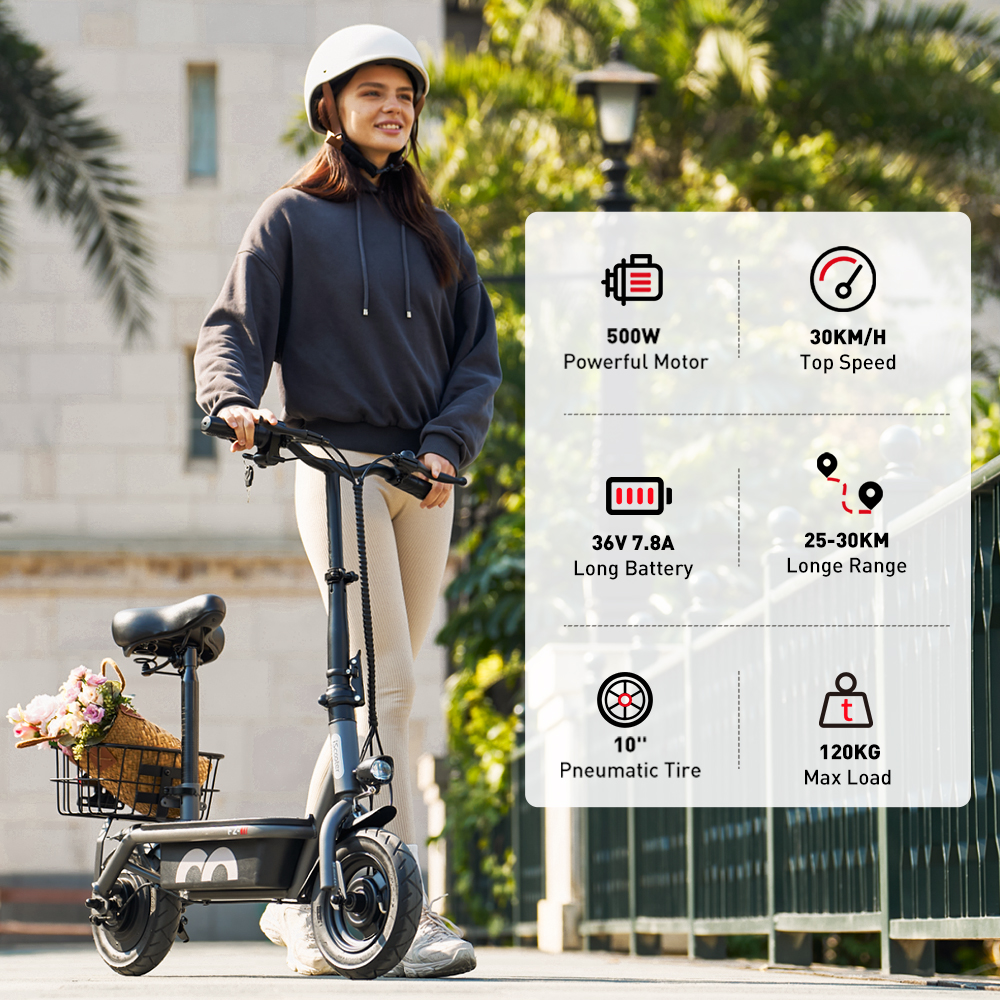 Donna su scooter elettrico. Infografiche mostrano motore, velocità, batteria, autonomia, pneumatico e carico max.