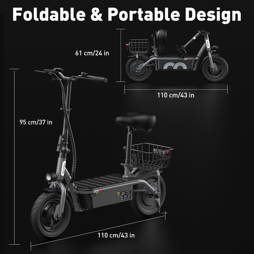 Due scooter elettrici, uno piegato, con dimensioni e scritta 'Foldable & Portable Design'.