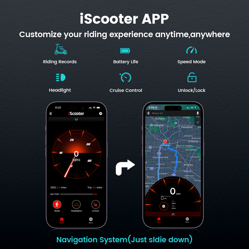 Due schermi di telefono che mostrano un'app per un monopattino elettrico. L'interfaccia mostra velocità, batteria e mappa.