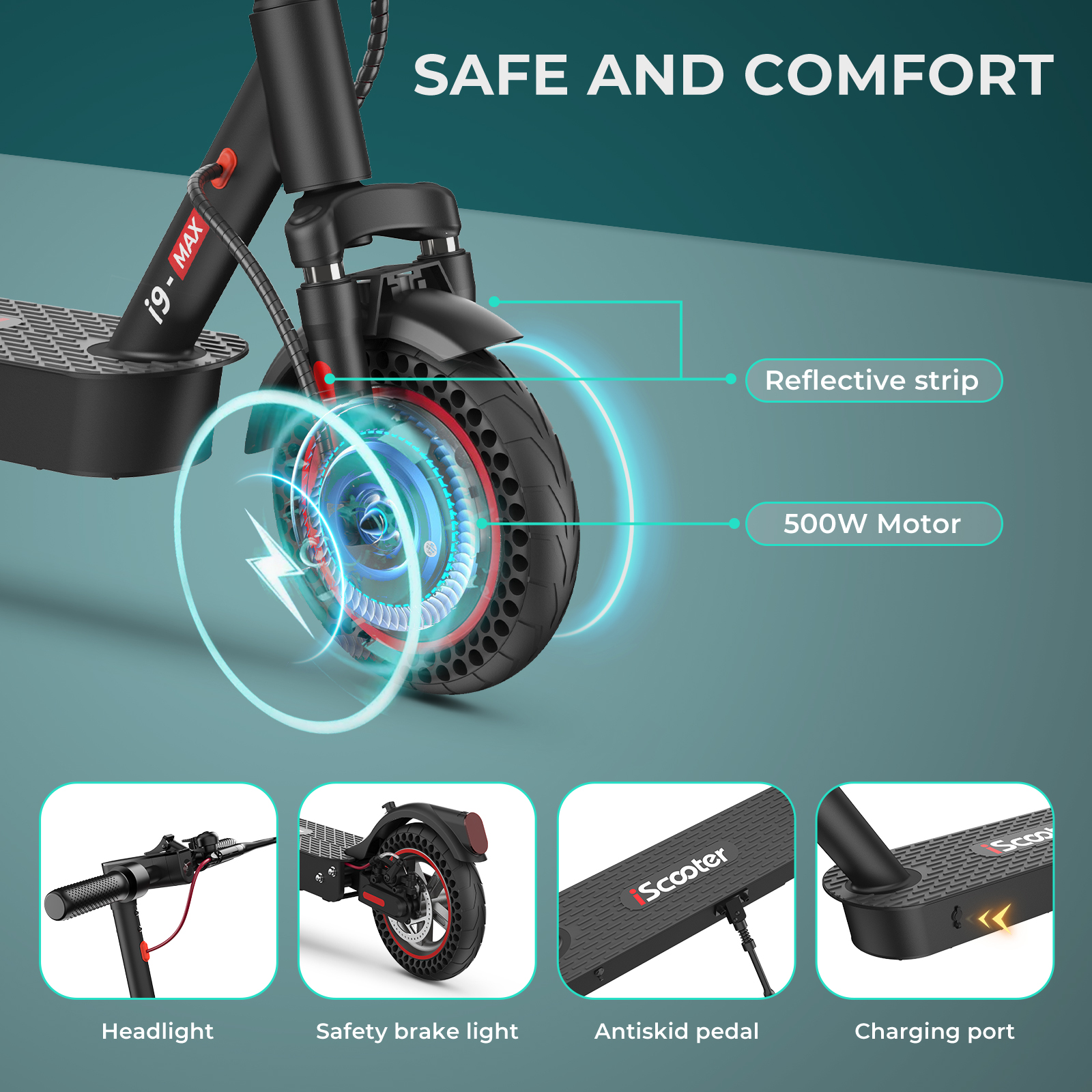 Un e-scooter con striscia riflettente, motore da 500W, faro, luce freno e porta di ricarica.