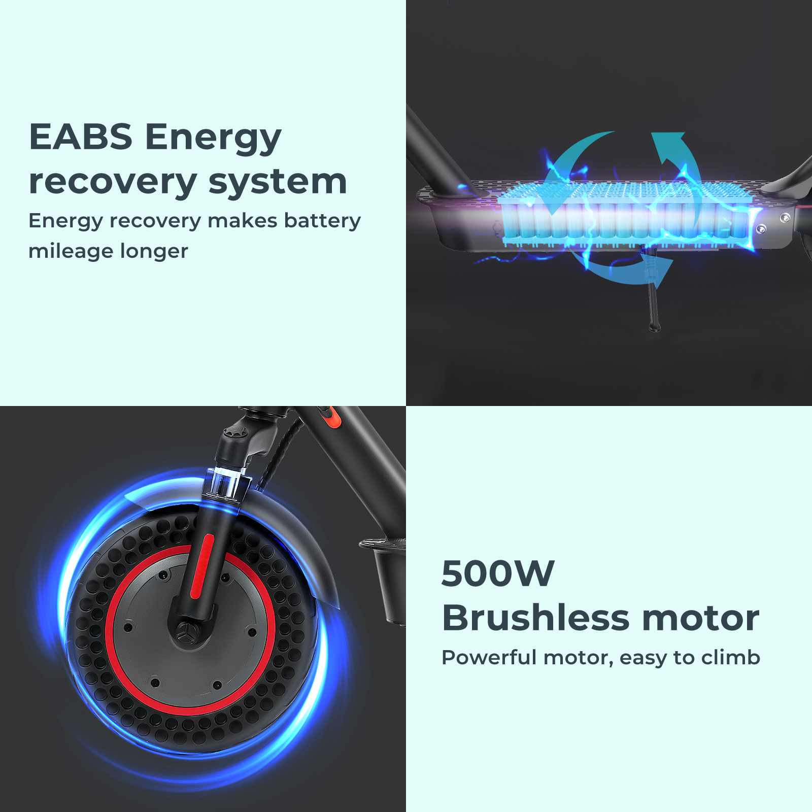 Quattro pannelli mostrano le caratteristiche dello scooter: recupero energia, batteria, ruota, motore.