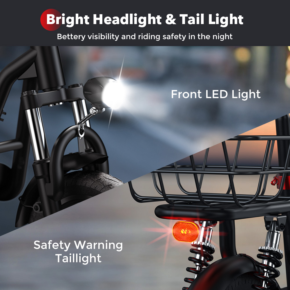Vengono visualizzate le luci anteriori e posteriori di una bici. L'anteriore è un LED bianco, il posteriore una luce posteriore arancione.
