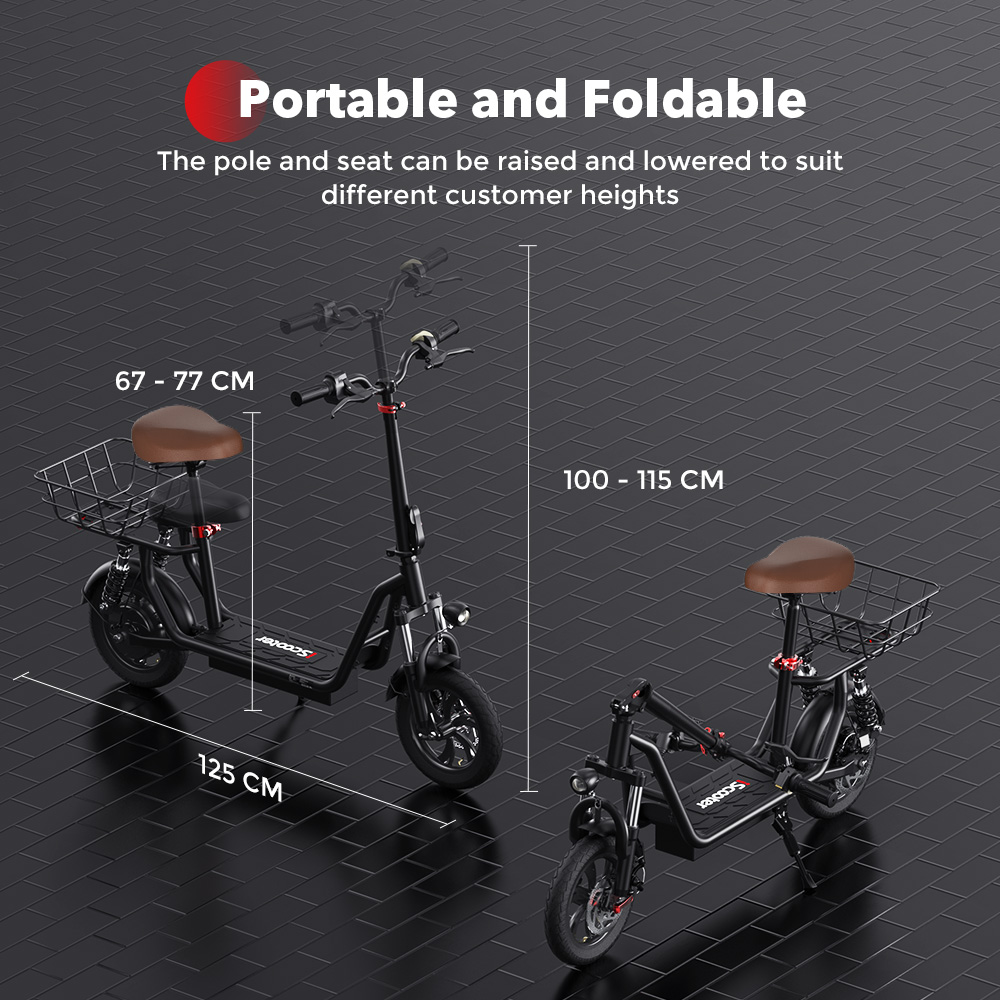 Scooter nero pieghevole con sedile e cestino marroni, con etichette dimensioni.