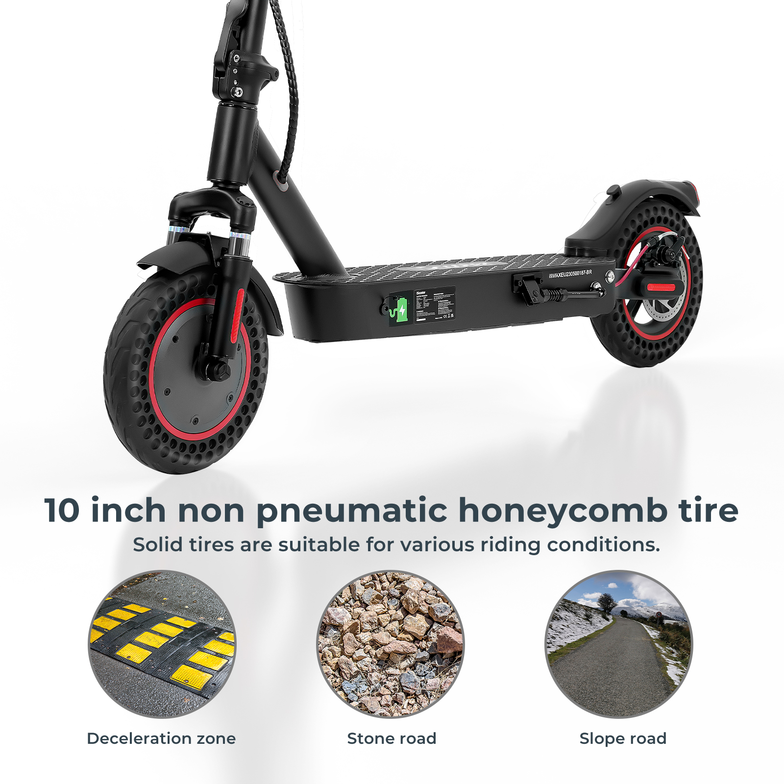 Scooter nero con pneumatici con bordo rosso. Immagini mostrano scenari di test pneumatici: zona decelerazione, strada sterrata, strada in pendenza.