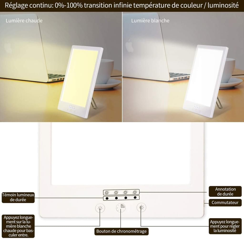 Zwei Lampen, die unterschiedliche Lichttemperaturen zeigen, mit einem Laptop und einer Tasse.
