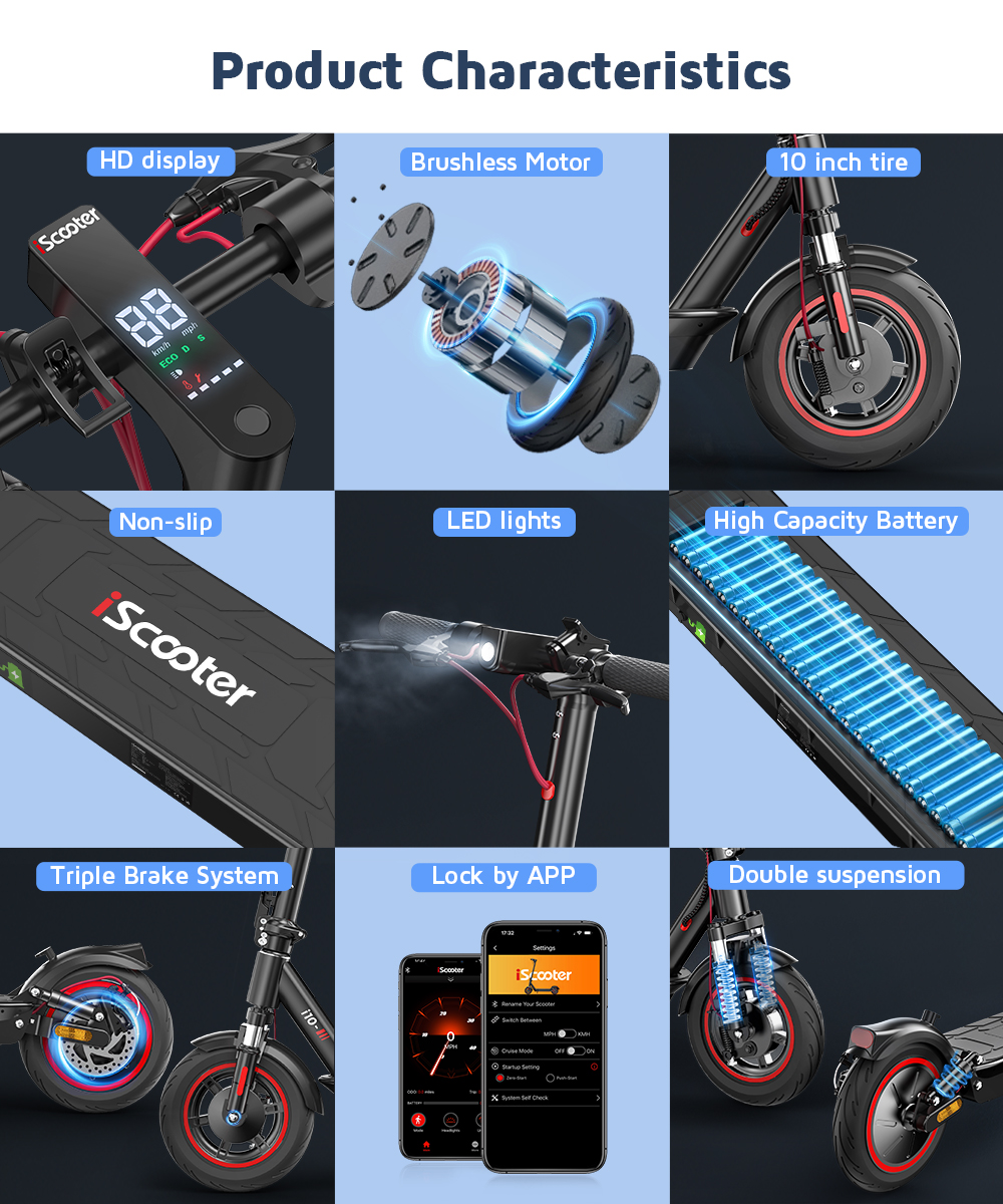 Caratteristiche del prodotto di uno scooter nero, tra cui display HD, luci a LED e doppia sospensione.