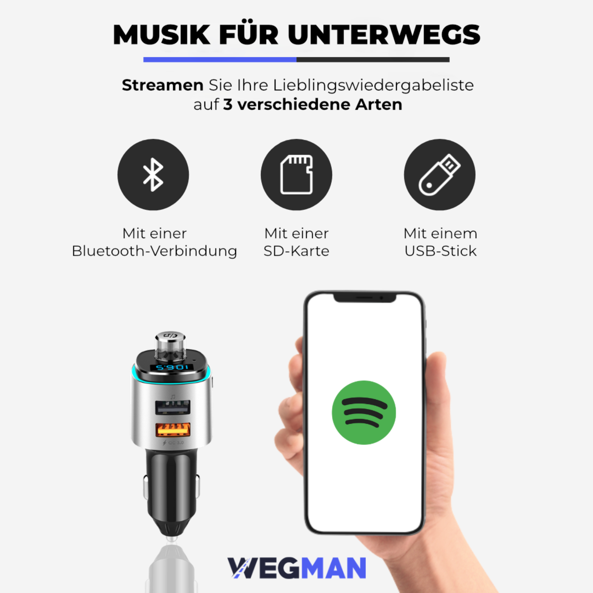 Eine Illustration, die zeigt, wie man Musik von einem Autoladegerät und Telefon streamt.