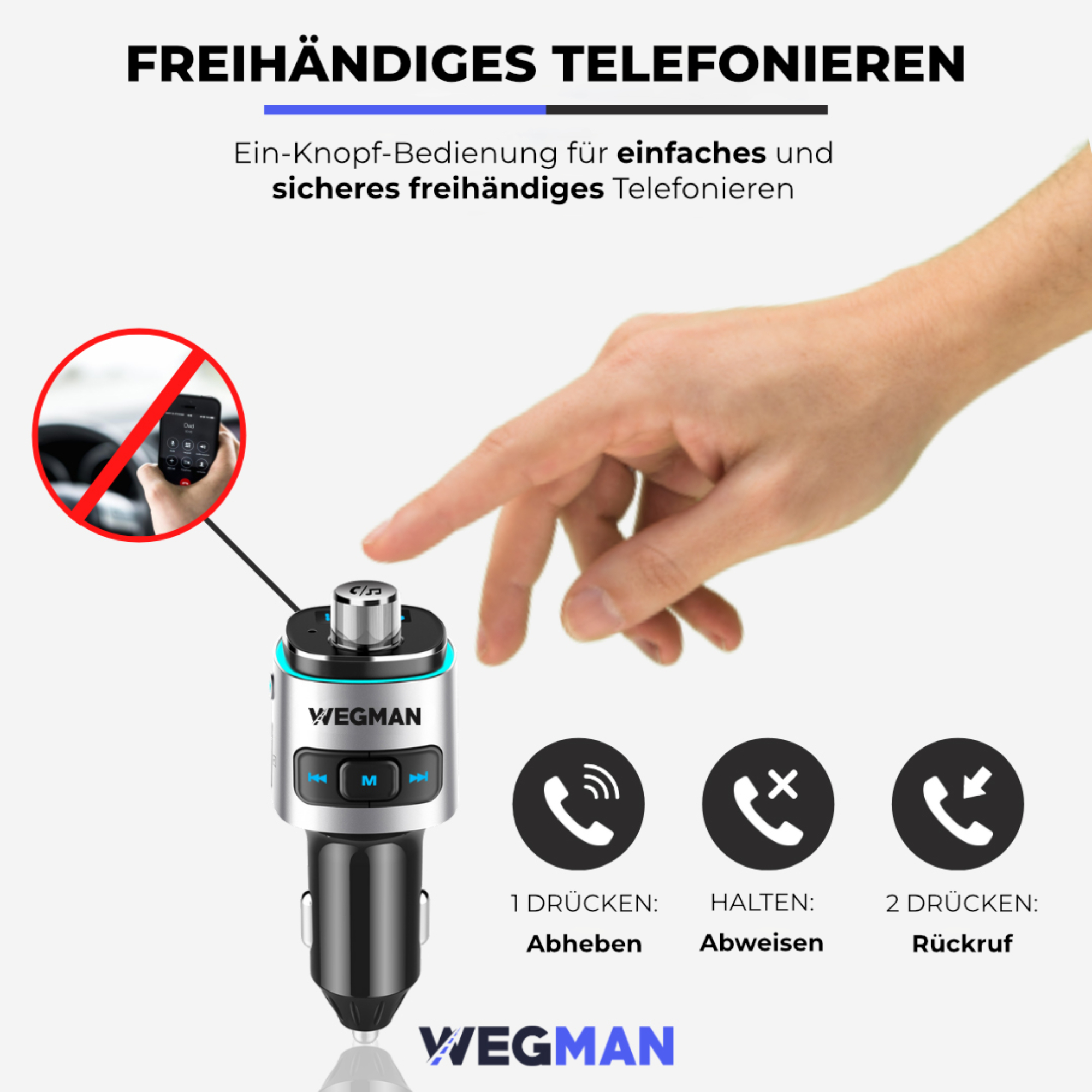 Ein Wegman-Autogerät mit Hand und Telefon, mit Steuerungsmöglichkeiten.