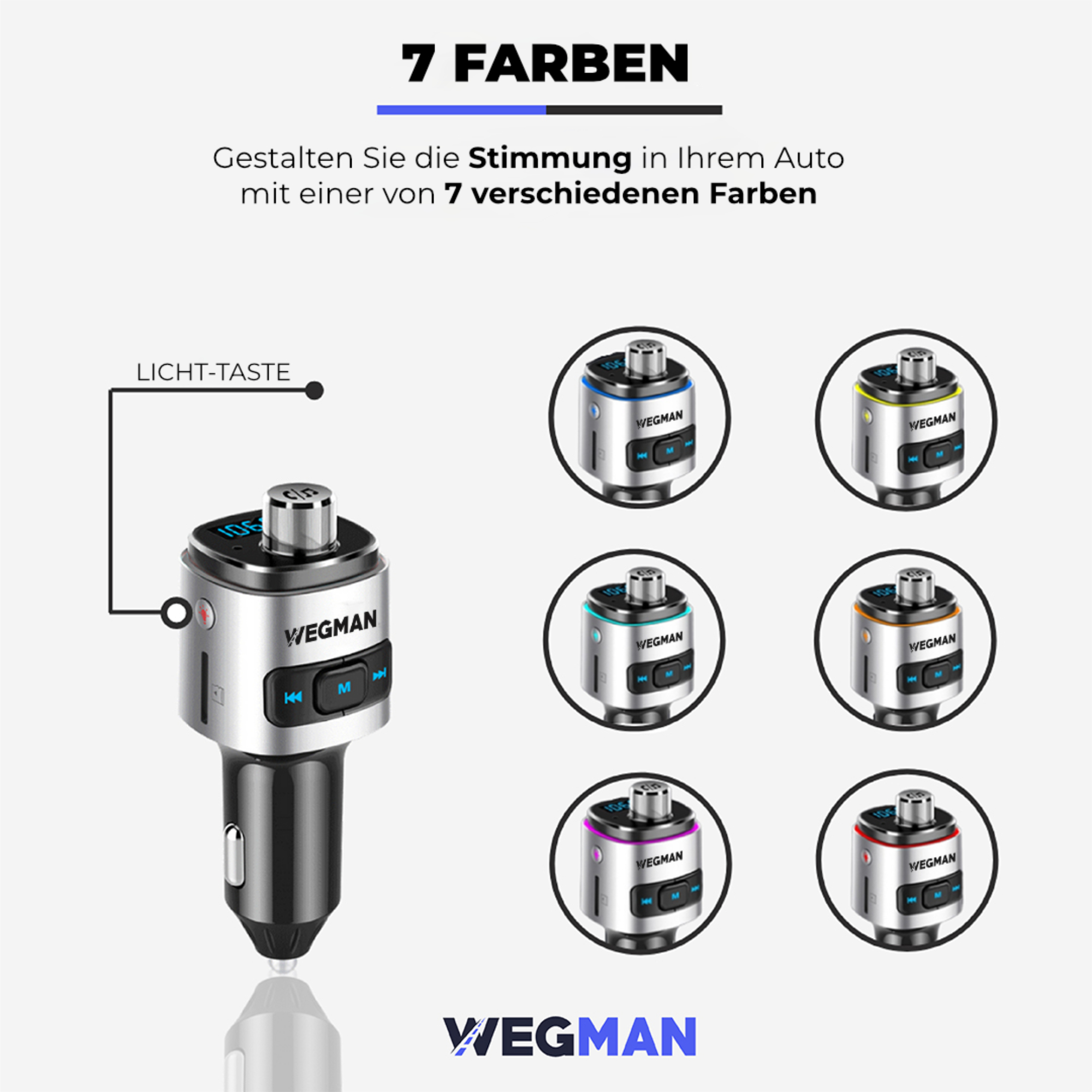 Ein silbernes Gerät mit sieben Farboptionen. Text: 7 Farben. Gestalten Sie die Stimmung in Ihrem Auto mit 7 Farben.