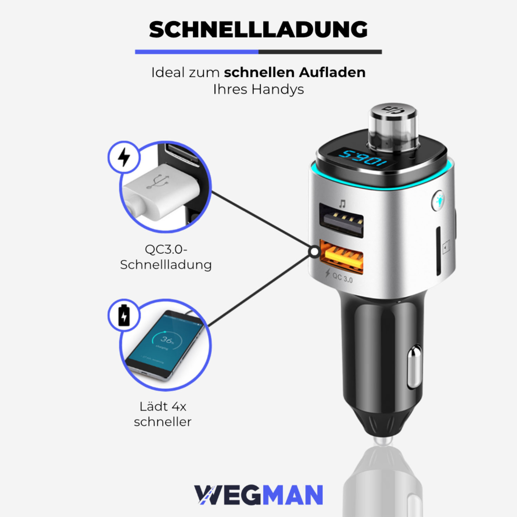 Ein schwarzes und silbernes Autoladegerät mit USB-Anschlüssen und Ladeanzeigen.