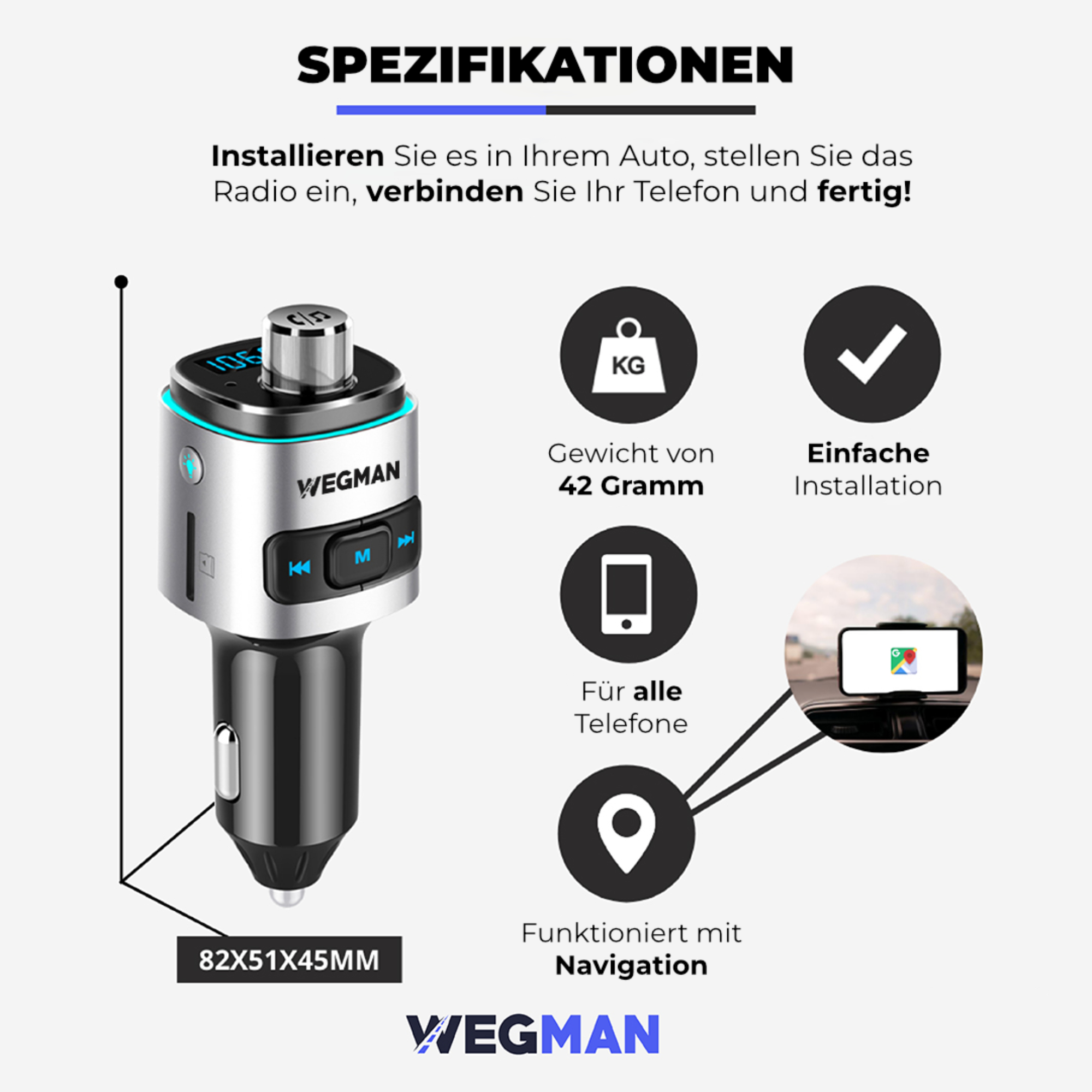 Ein UKW-Transmitter für das Auto mit Spezifikationen, einschließlich Gewicht, Abmessungen und Navigation.