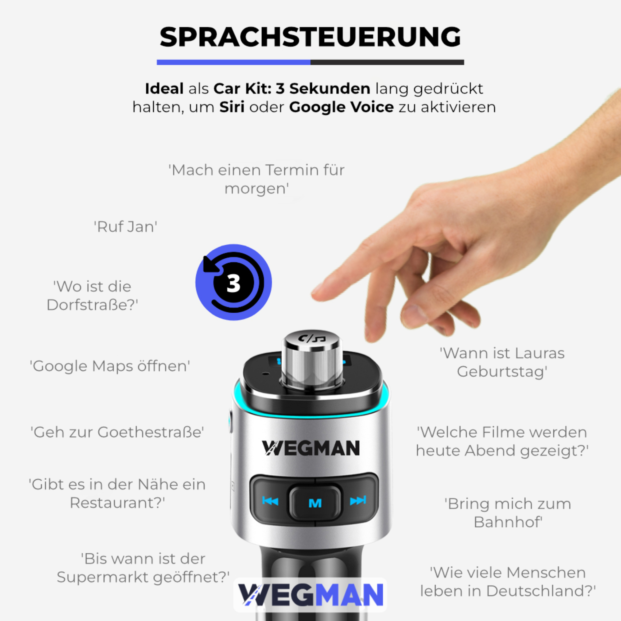 Gerät mit Tasten und Bildschirm mit Befehlen für Siri/Google Voice. Hand zeigt darauf.
