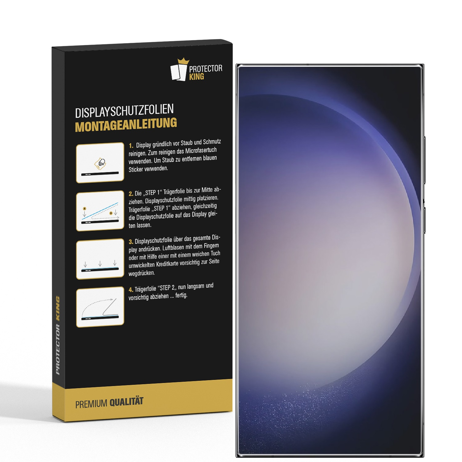 Verpackungskarton und ein Telefon. Anweisungen zum Aufbringen der Displayschutzfolie sind sichtbar.