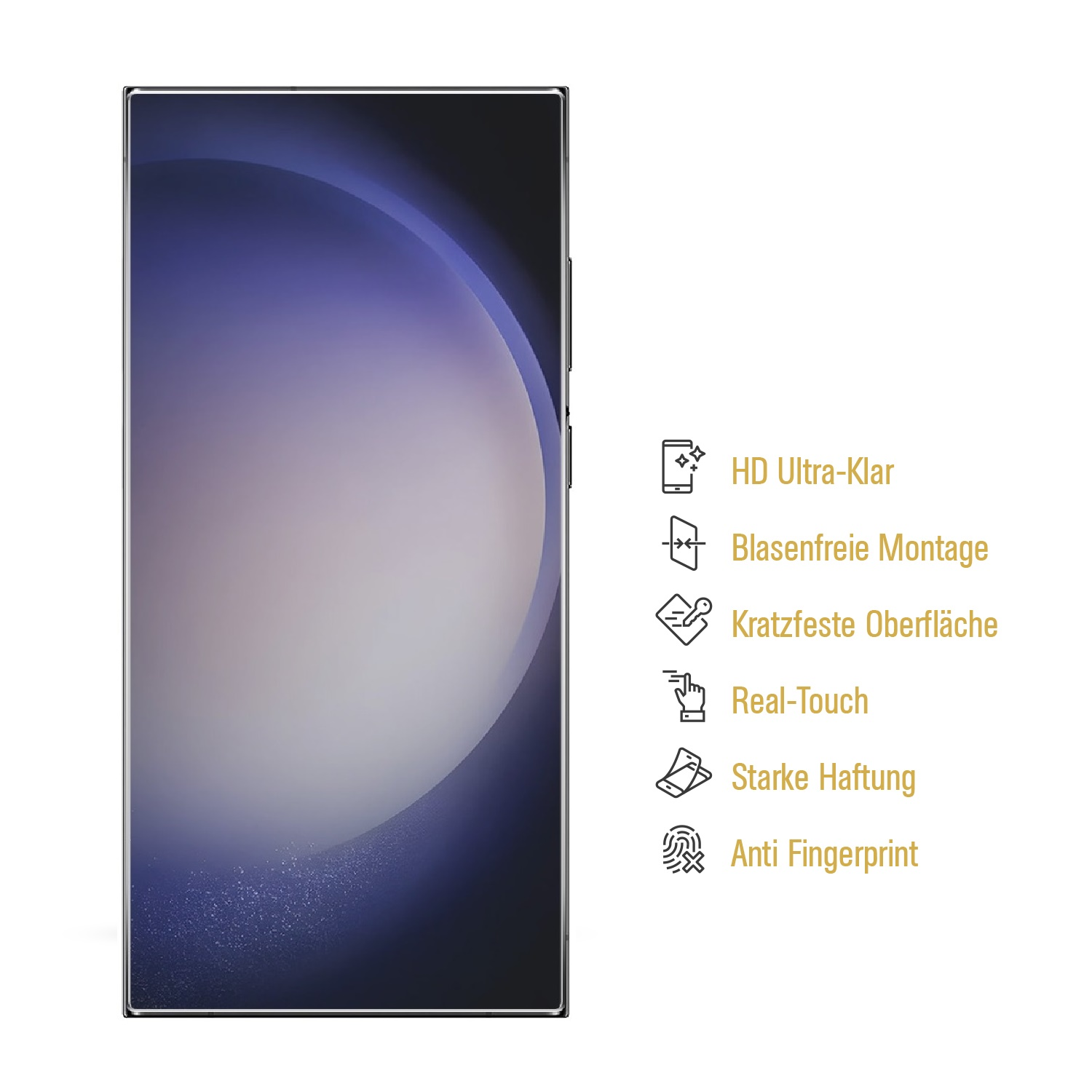 Ein Smartphone mit aufgebrachter Displayschutzfolie. Verschiedene Symbole und Funktionen sind auf der Seite hervorgehoben.