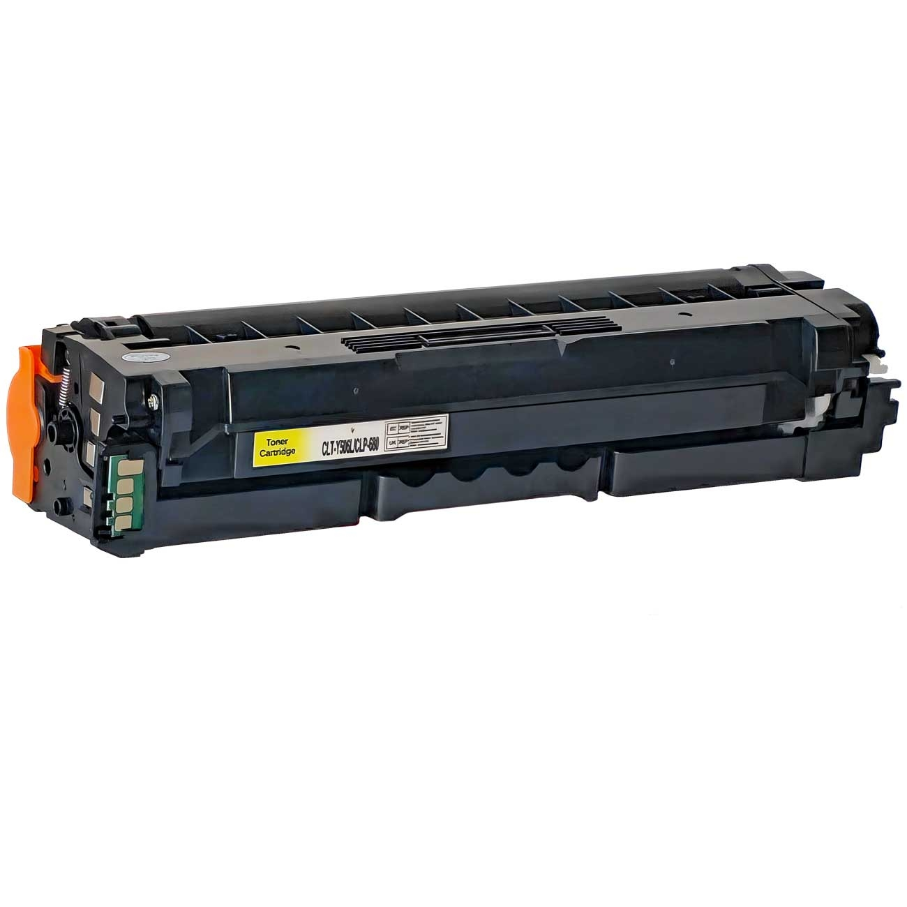 Schwarze Tonerkartusche mit einem orangefarbenen Hebel, die ein gelbes Etikett mit der Aufschrift 'Toner Cartridge' zeigt.