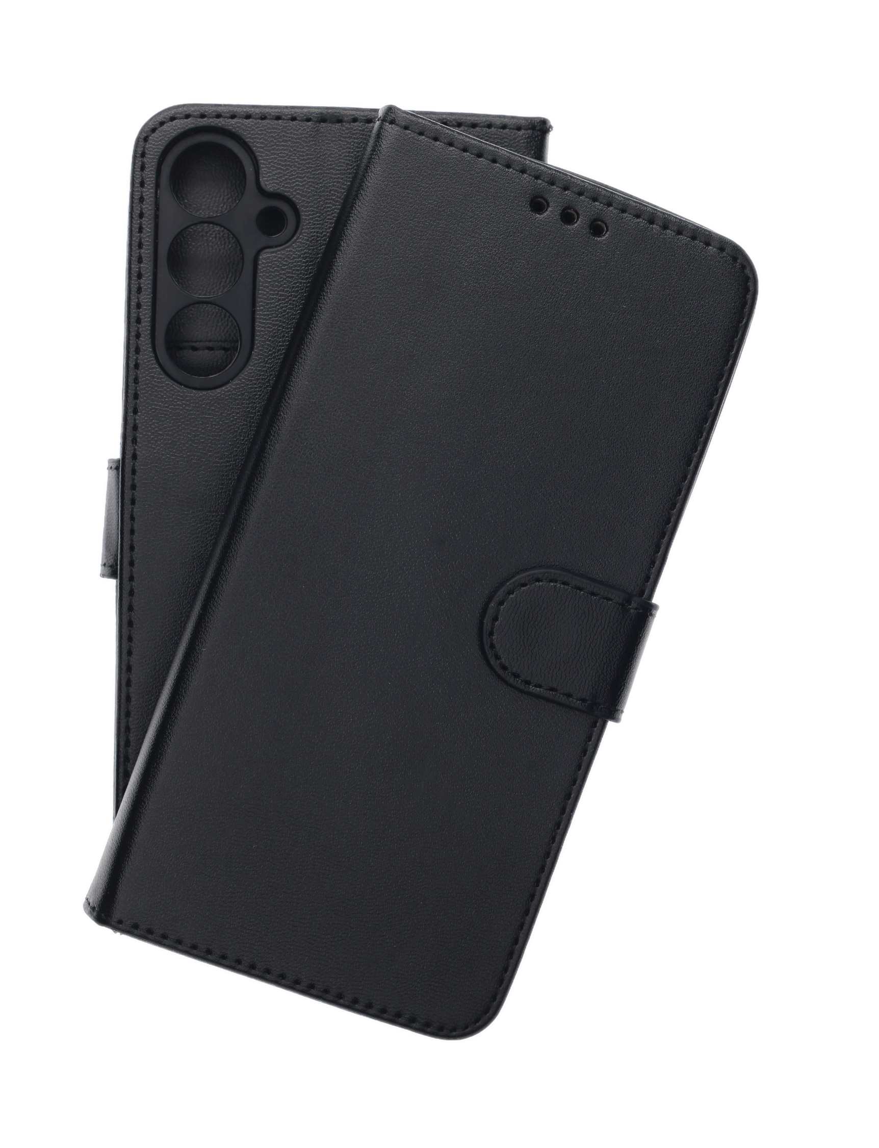 Schwarze Leder-Handyhülle, geschlossen und offen. Inklusive Magnetverschluss und Kameraausschnitten.