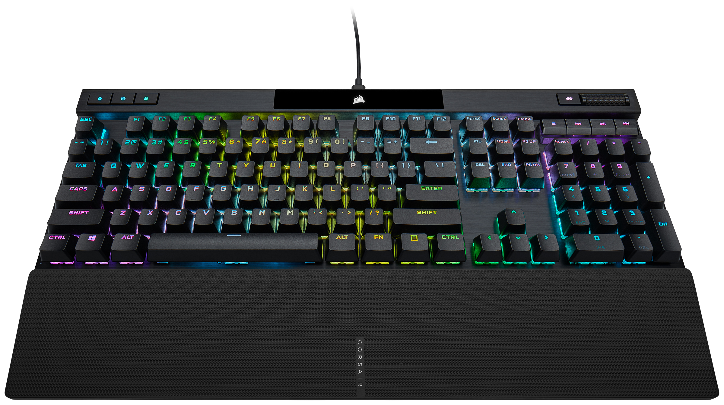 Teclado negro con retroiluminación multicolor. Tiene reposamuñecas. Las teclas están etiquetadas.