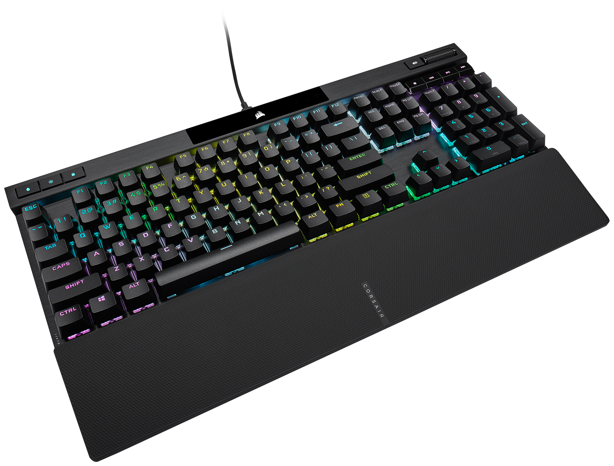 Un teclado negro con teclas iluminadas y reposamuñecas. La marca Corsair es visible.
