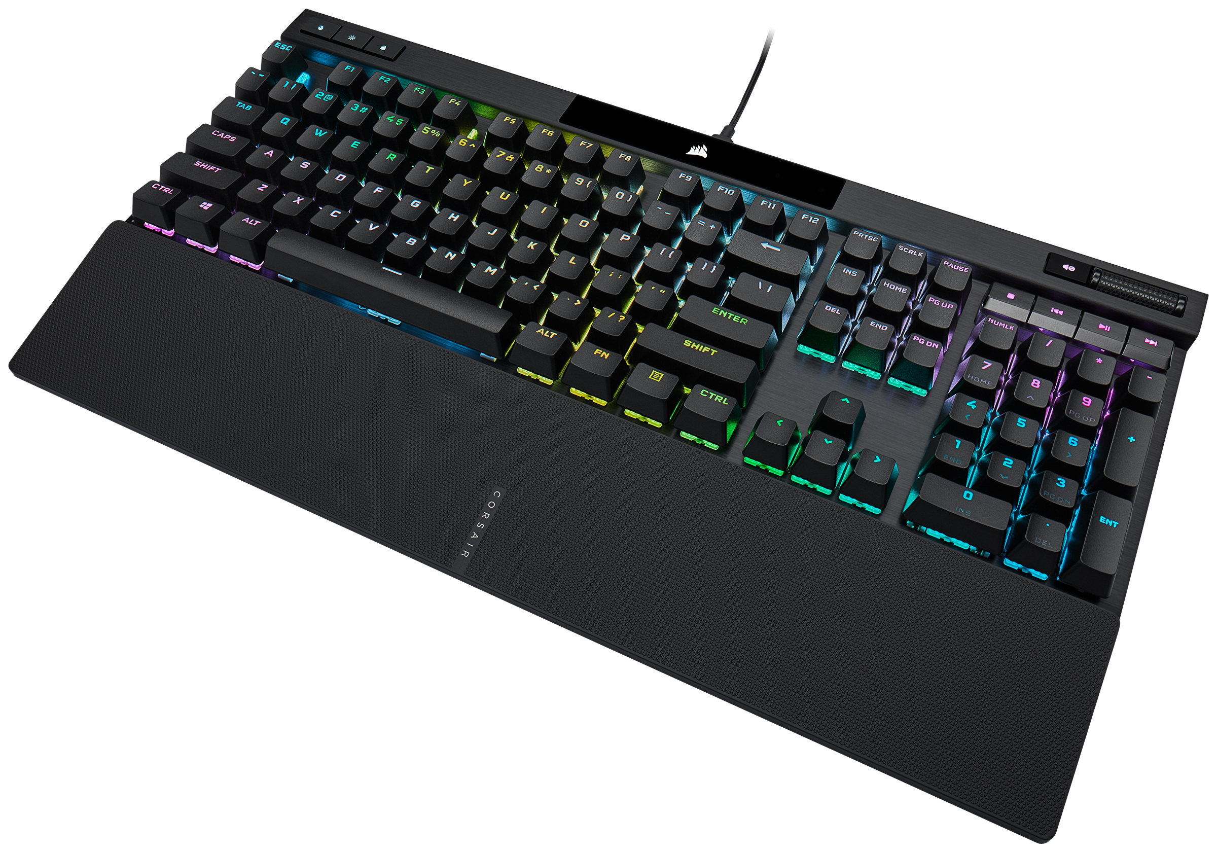 Teclado Corsair negro con teclas de colores y reposamuñecas. Fondo blanco.