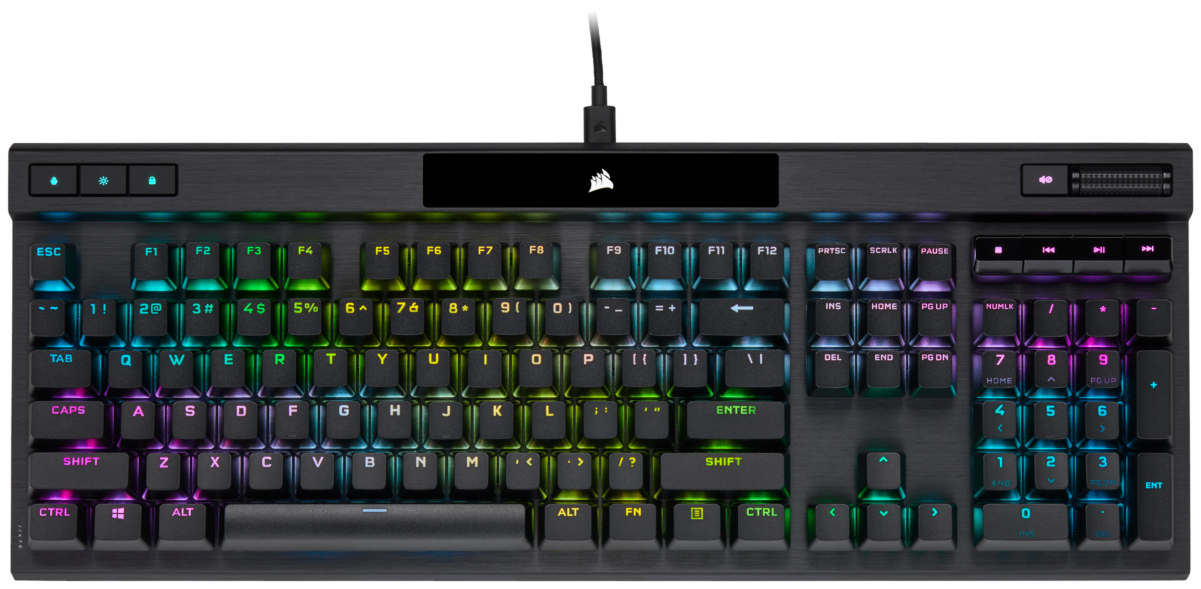 Teclado negro con luces de colores. Las teclas están iluminadas, con muchos botones.