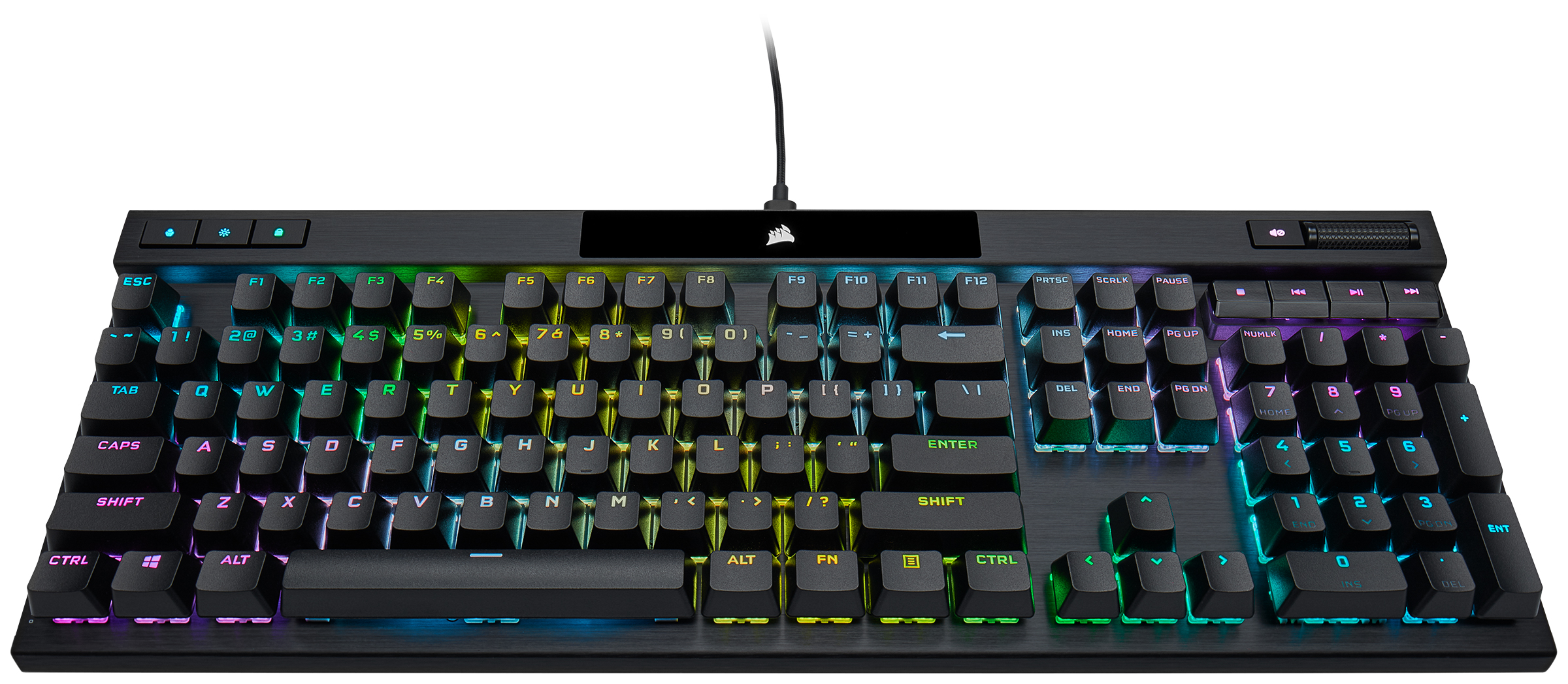 Teclado negro con teclas iluminadas multicolor. El logo Corsair es visible en la parte inferior.