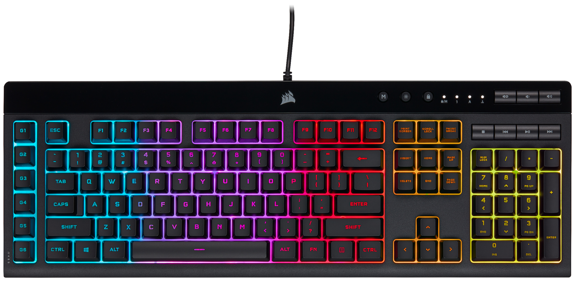 Czarna klawiatura z wielokolorowym podświetleniem. Klawisze oznaczone. Widok z góry na białym tle.