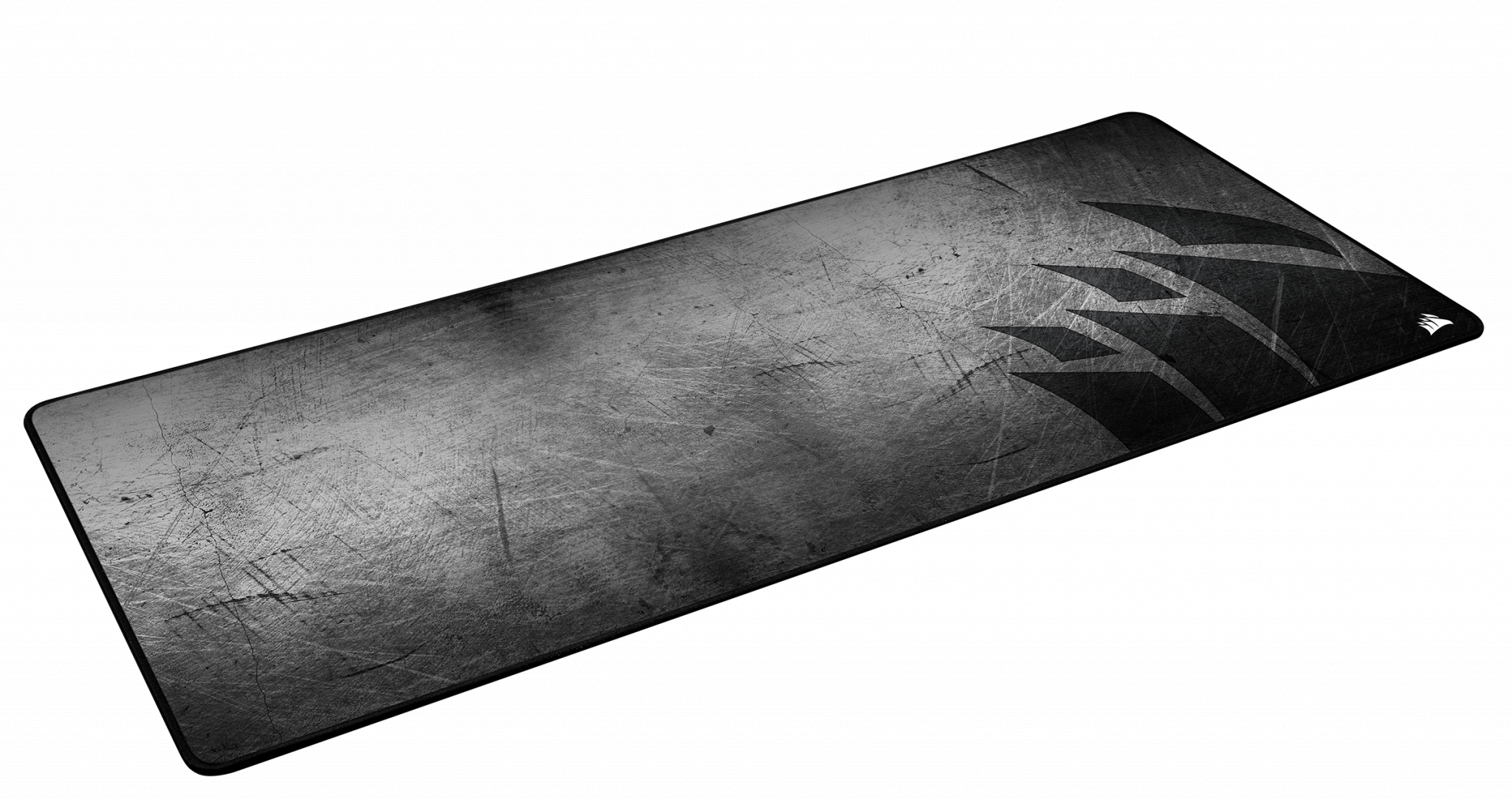 Czarna i szara podkładka pod mysz dla graczy ze zużytą teksturą i logo w prawym górnym rogu.