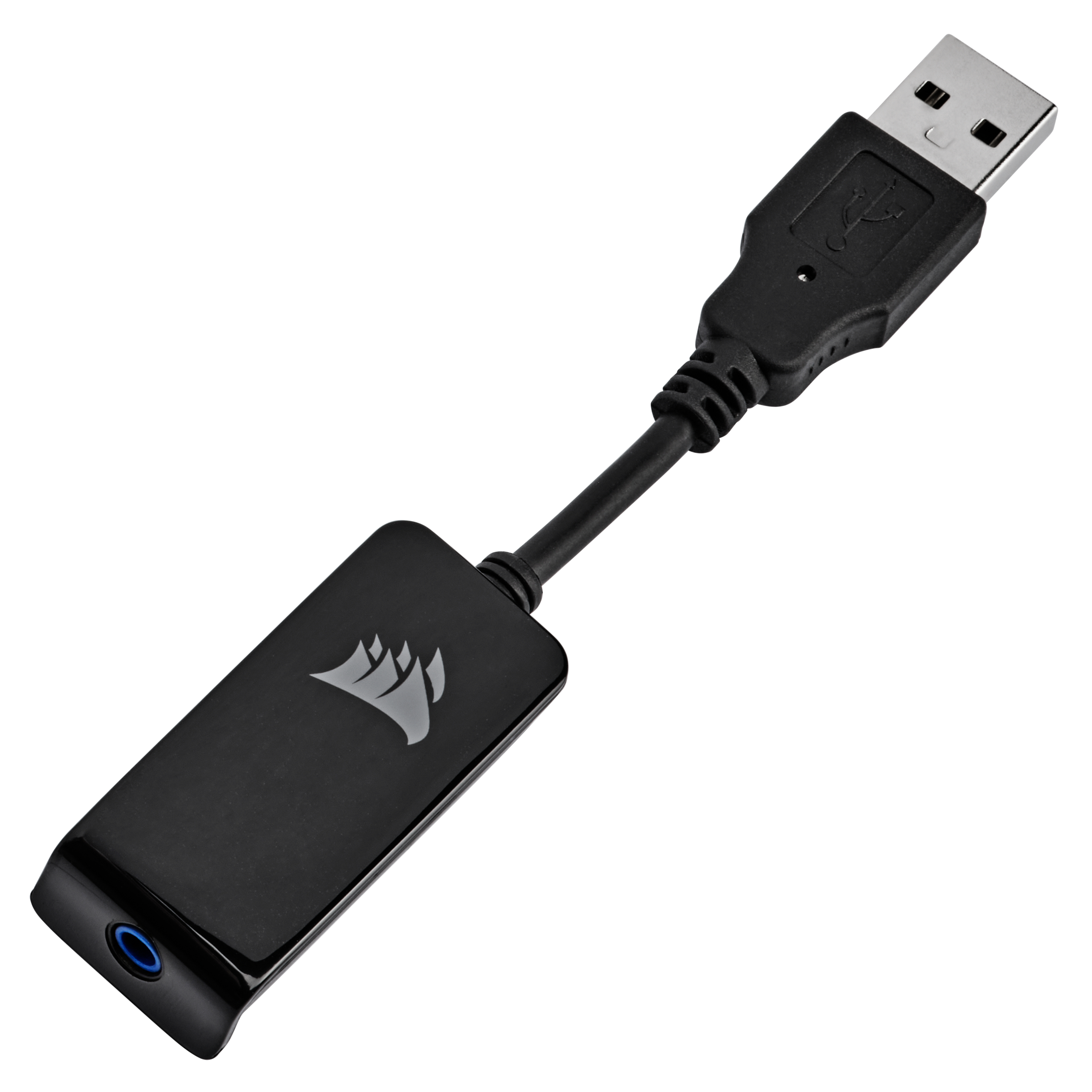 Czarny adapter audio USB Corsair. Z jednej strony złącze USB, z drugiej gniazdo słuchawkowe.