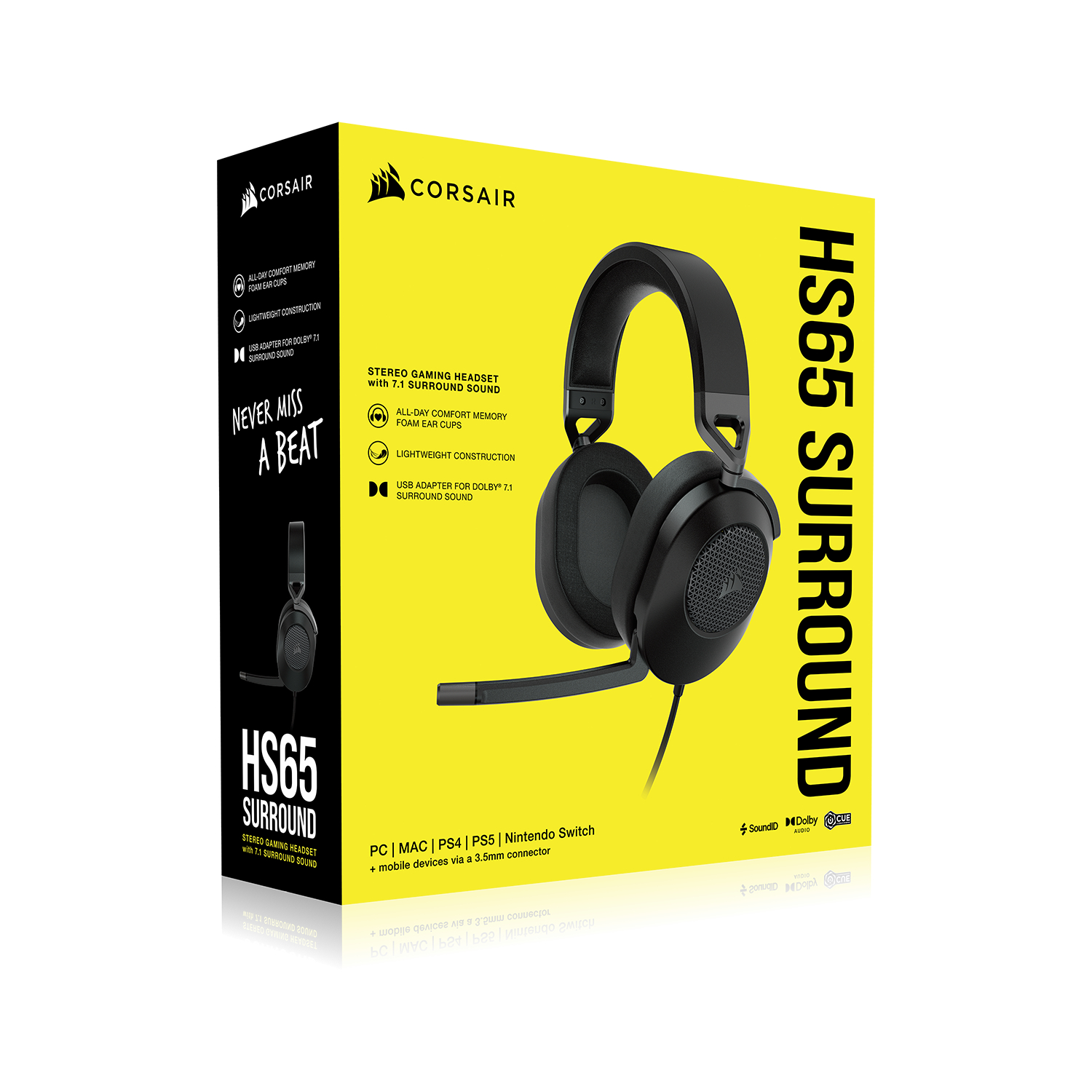 Czarne pudełko słuchawek do gier Corsair HS65 surround. Czarne słuchawki w prawym górnym rogu. Tekst i logo na pudełku.