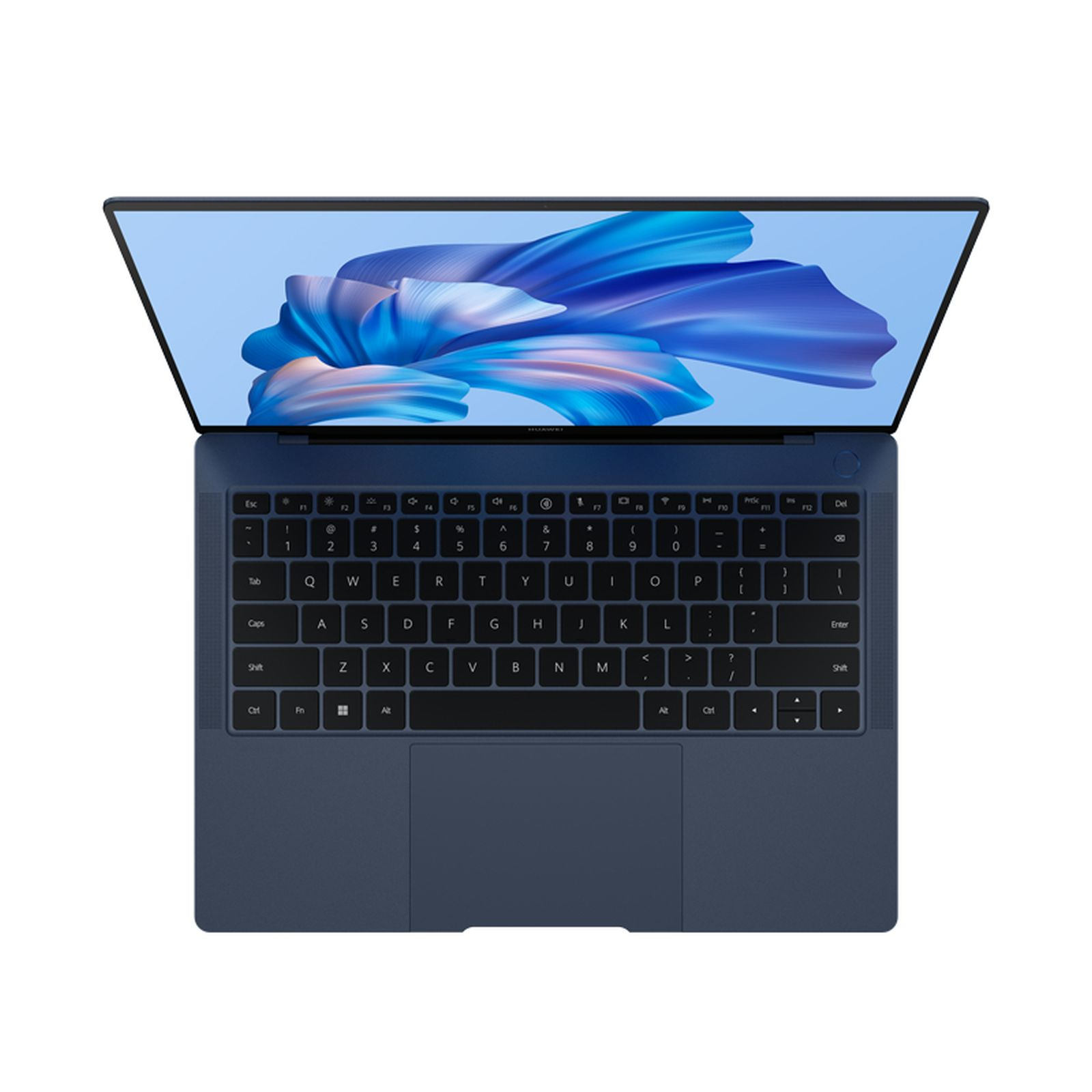 Blauer Laptop mit offenem Bildschirm, blau-weißes abstraktes Design.