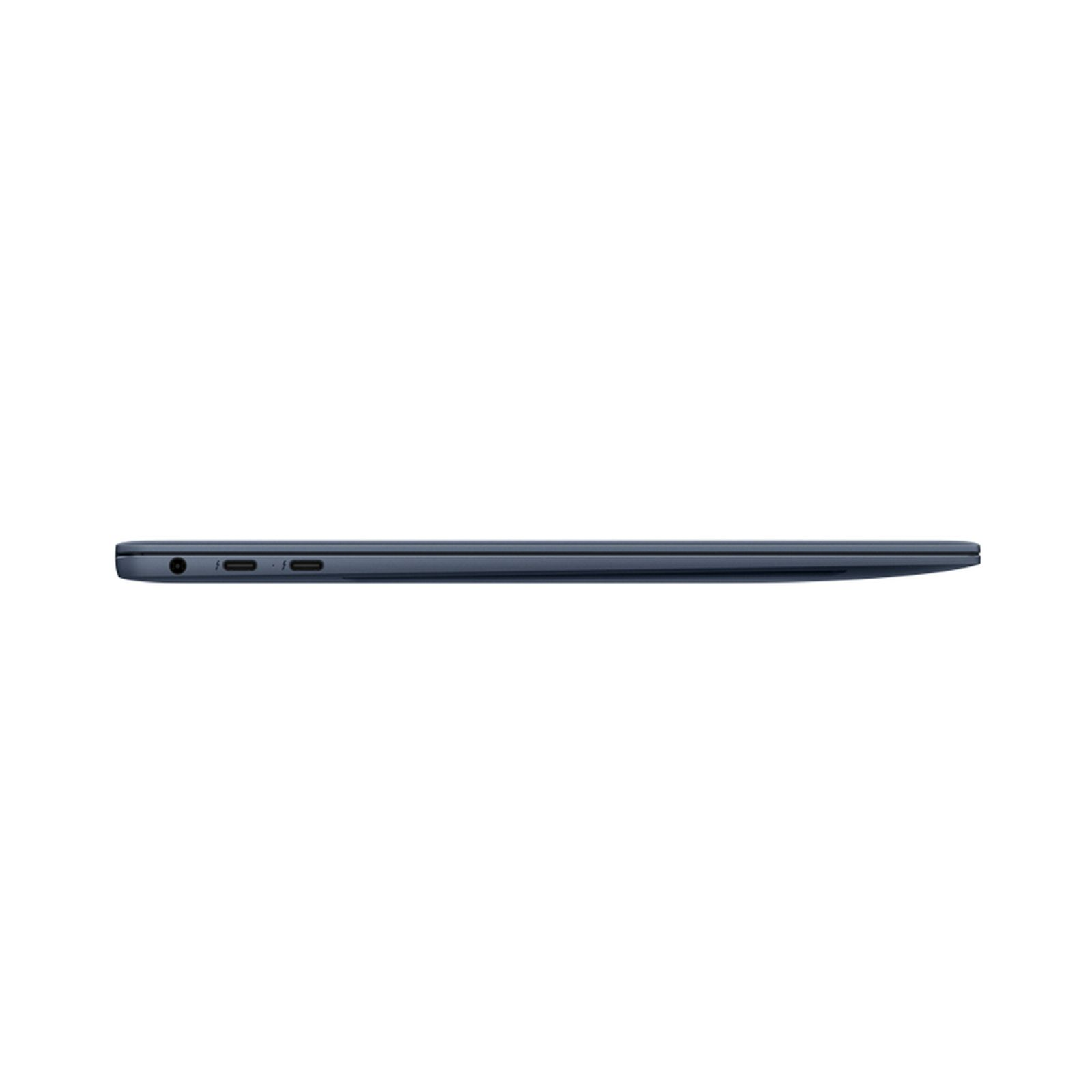 Eine geschlossene Seitenansicht eines blauen Laptops. Die Anschlüsse sind an der Seite sichtbar.