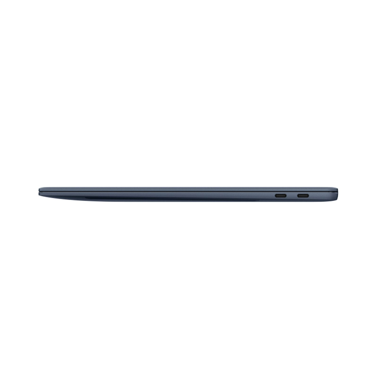 Eine Seitenansicht eines geschlossenen blauen Laptops. Zeigt Anschlüsse an der Seite.