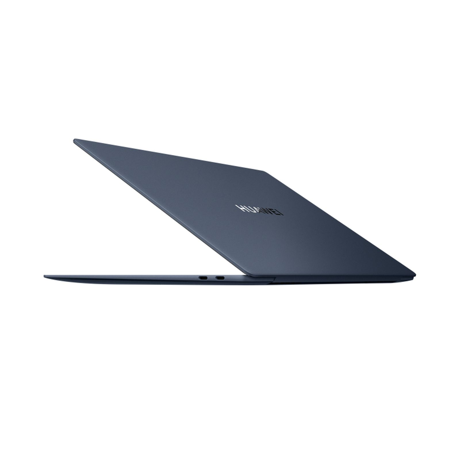 Blauer Laptop, leicht geöffnet, von der Seite angewinkelt, mit dem Markennamen auf dem Deckel.