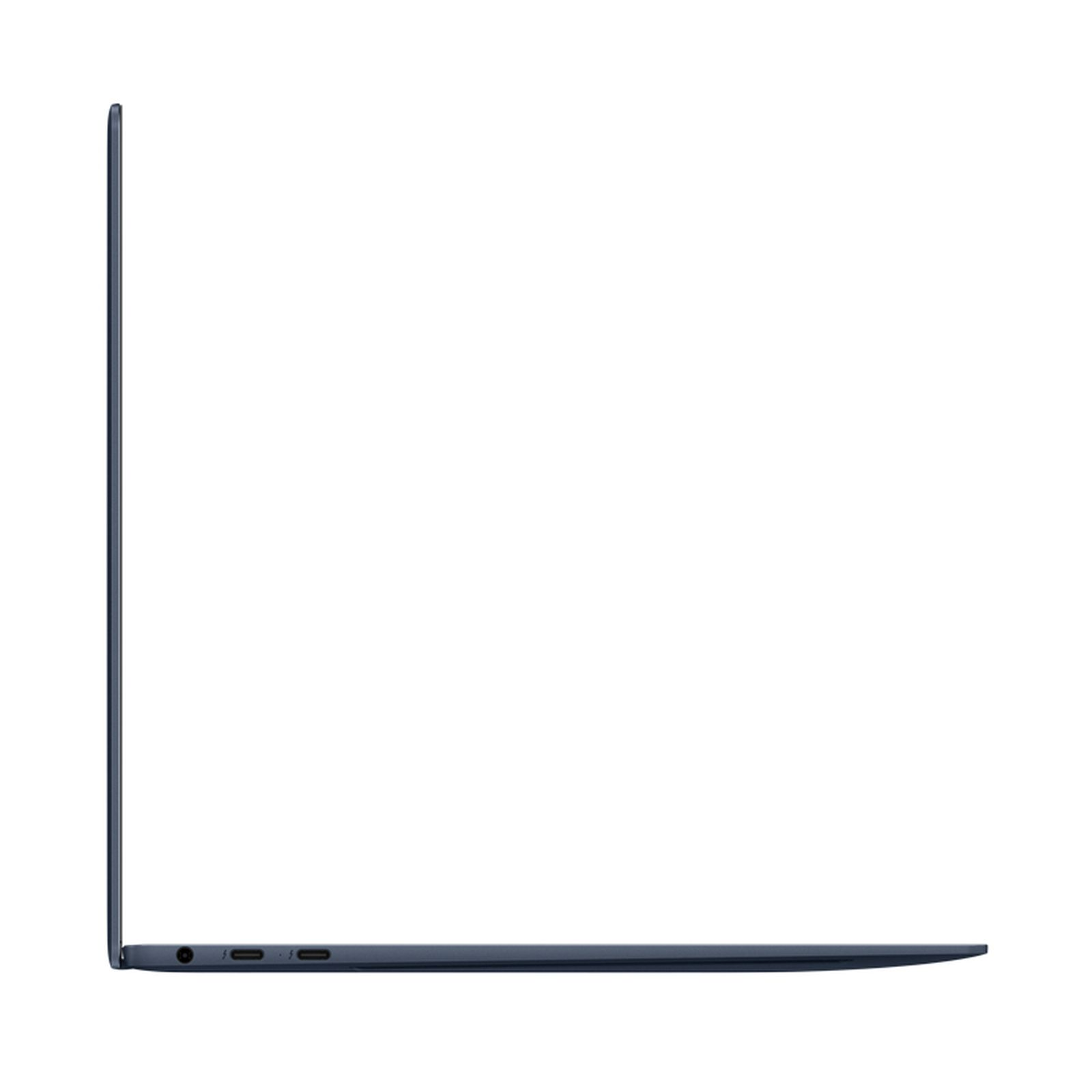 Seitenansicht eines dunkelblauen Laptops mit geschlossenem Bildschirm und Anschlüssen. Weißer Hintergrund.