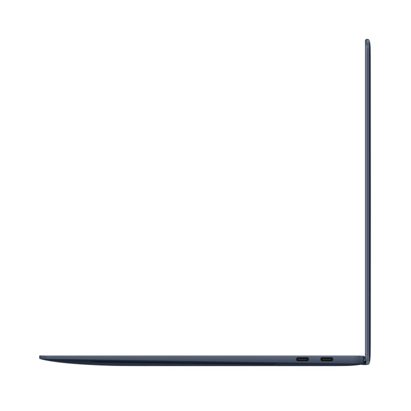 Seitenansicht eines marineblauen Laptops vor sauberem, weißen Hintergrund.