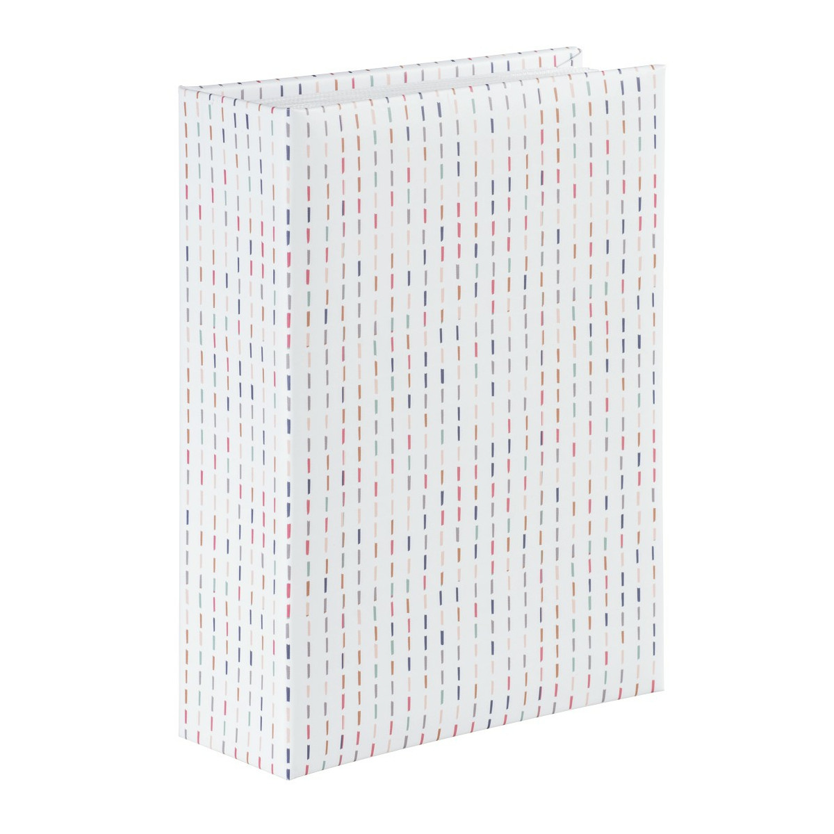 Ein geschlossenes Buch mit bunten vertikalen Linien auf weißem Hintergrund. Das Buch steht aufrecht.