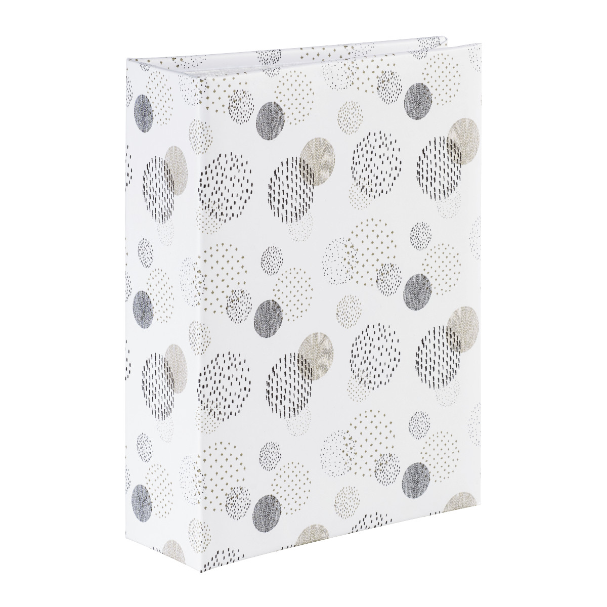 Biała książka ze wzorem czarnych, szarych i złotych kółek.