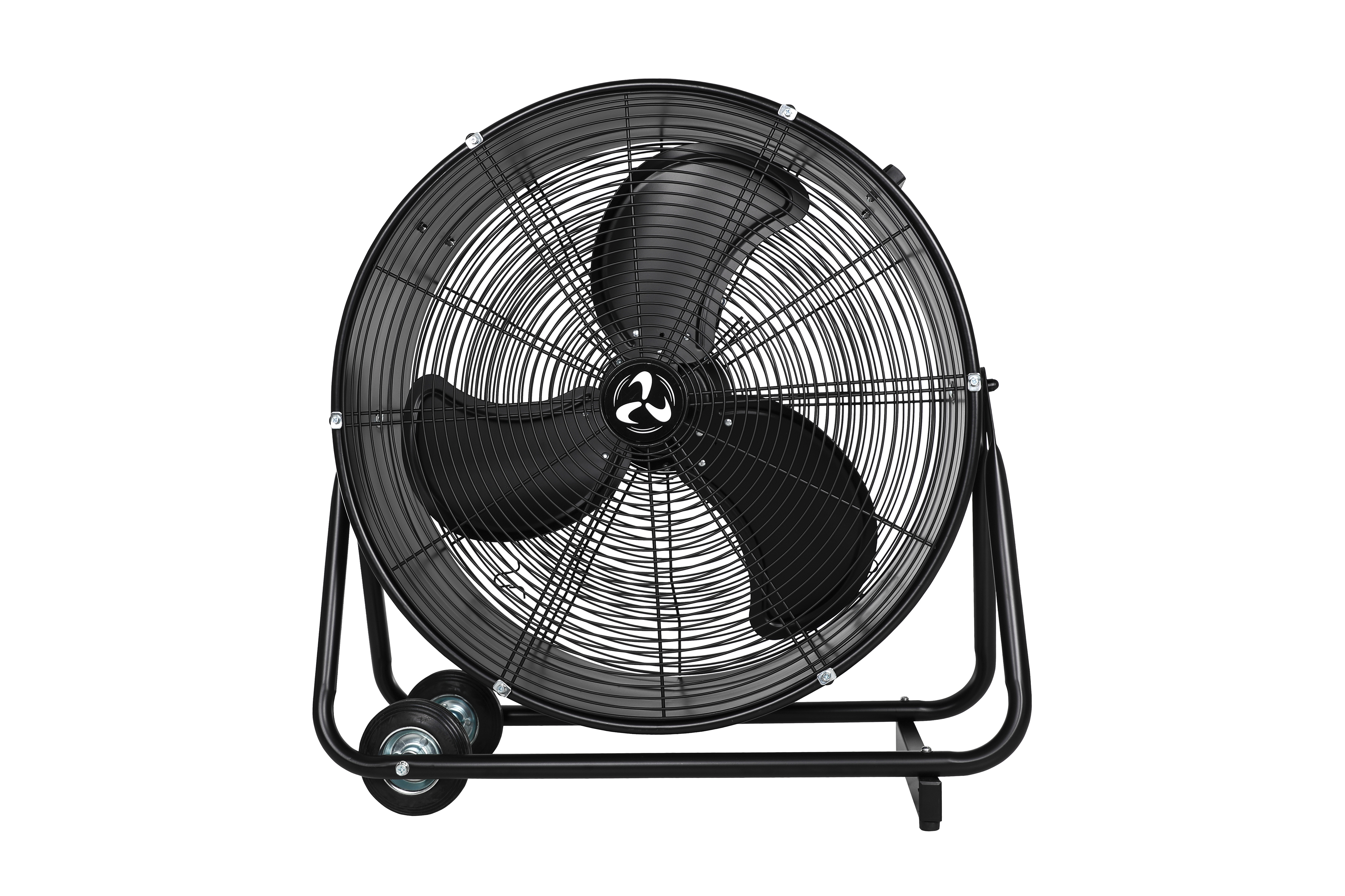Duży czarny wentylator przemysłowy z klatką, trzema łopatkami i kołami na białym tle.