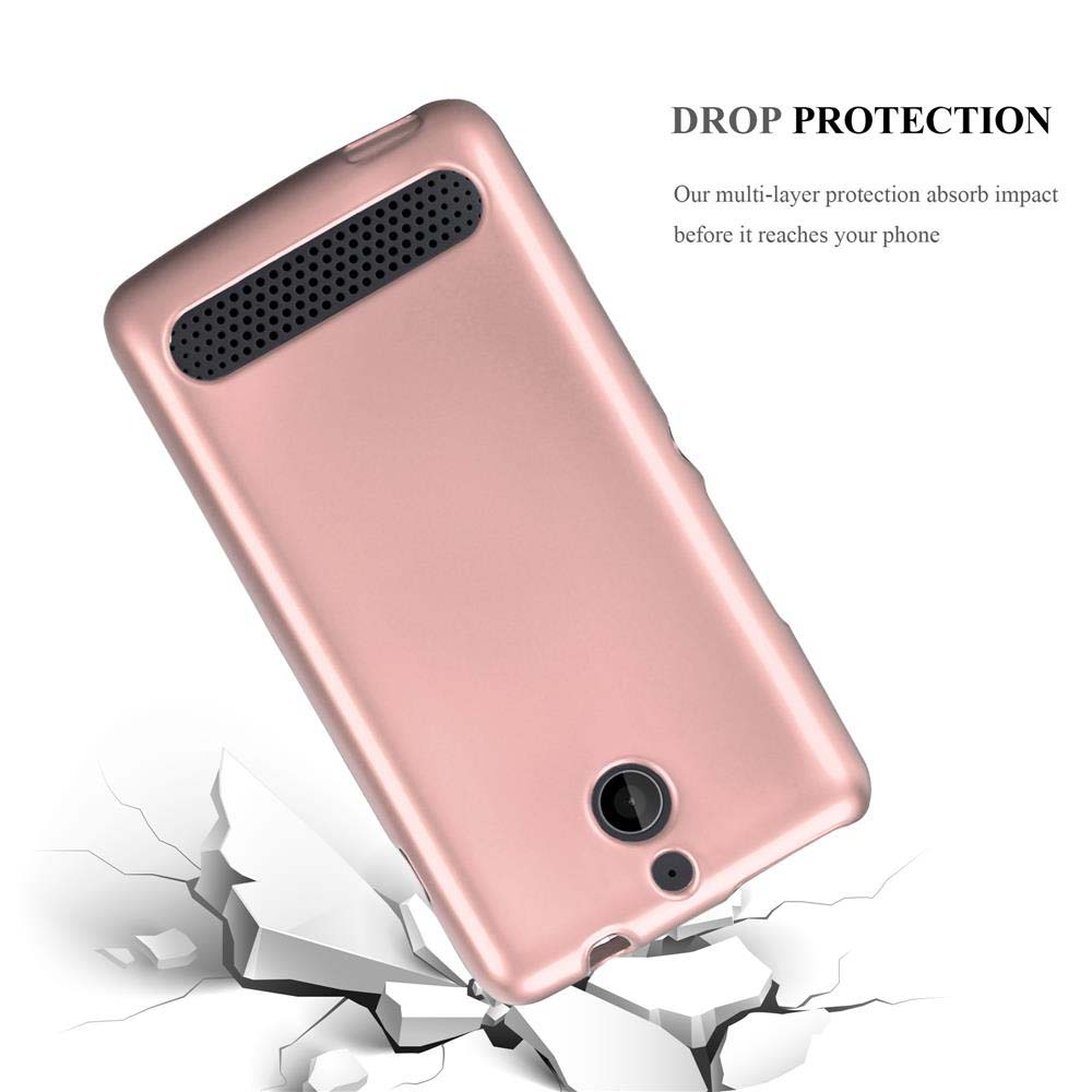 Custodia per telefono oro rosa, angolata, con effetto pavimento incrinato e il testo 'DROP PROTECTION'.